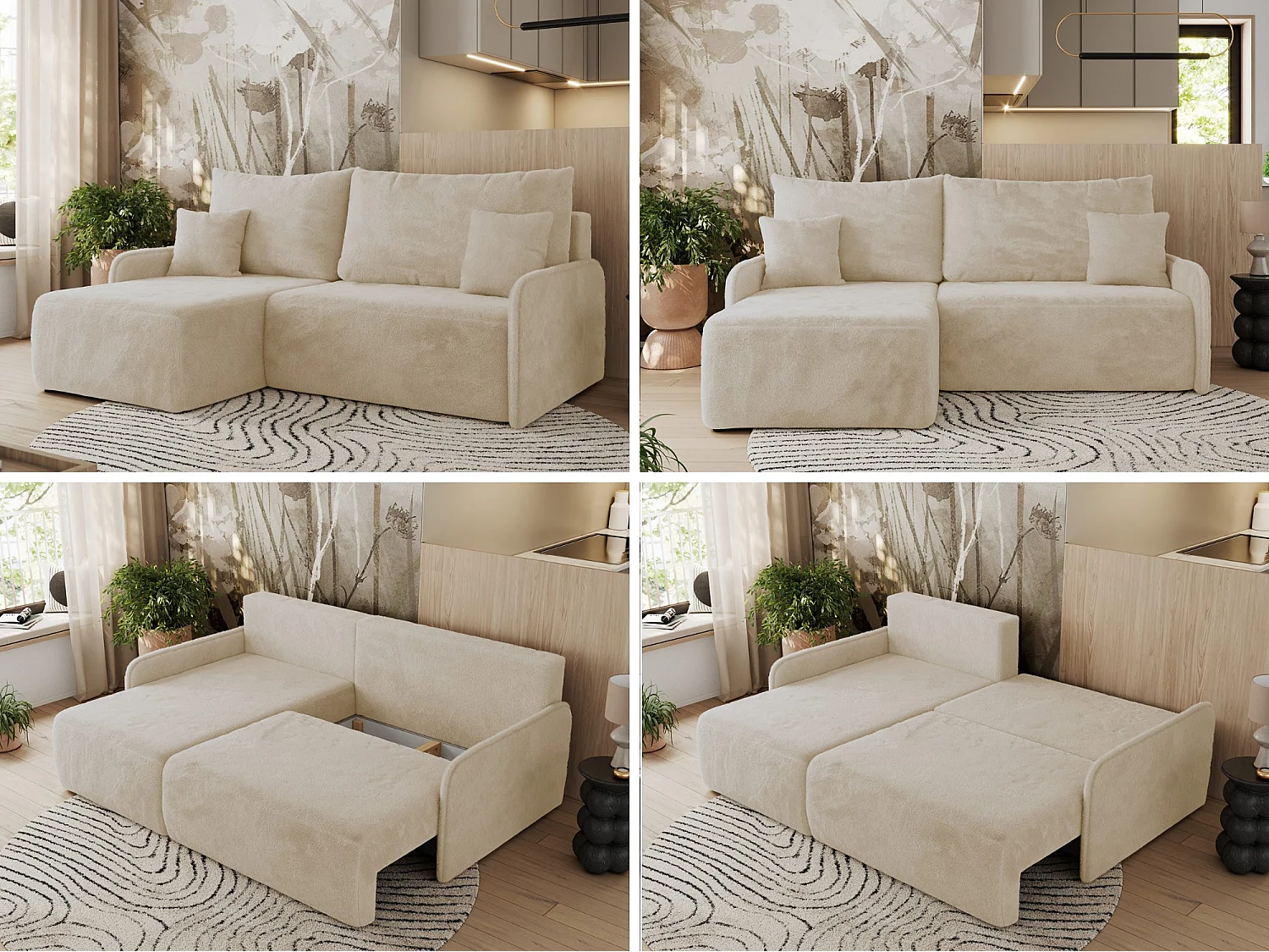 Ecksofa ARPA - L-form Schlaffsofa, Bettkasten und lose Kissen, Armlehnen - Creme Plüsch - Ecke Links