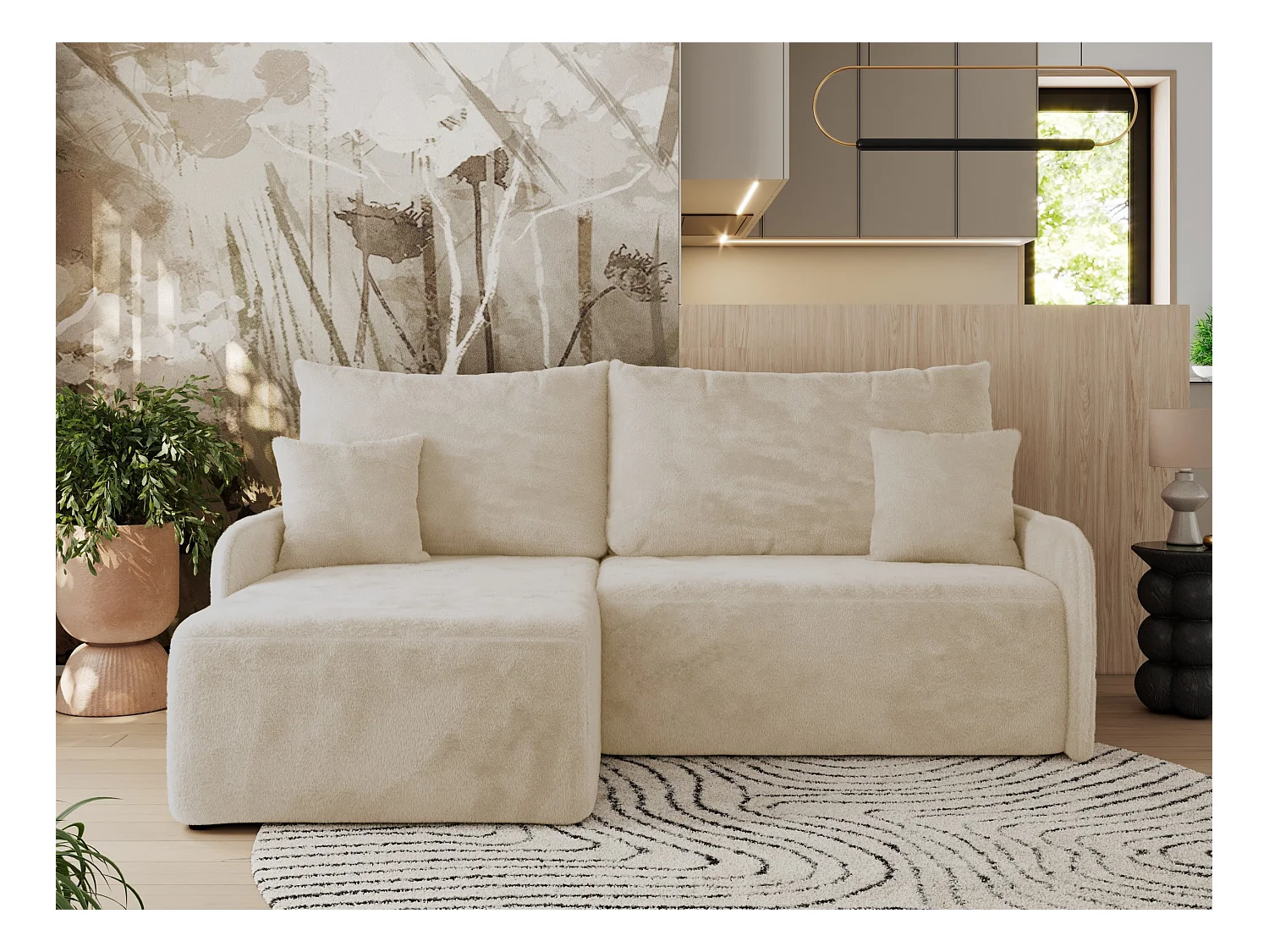 Ecksofa ARPA - L-form Schlaffsofa, Bettkasten und lose Kissen, Armlehnen - Creme Plüsch - Ecke Links