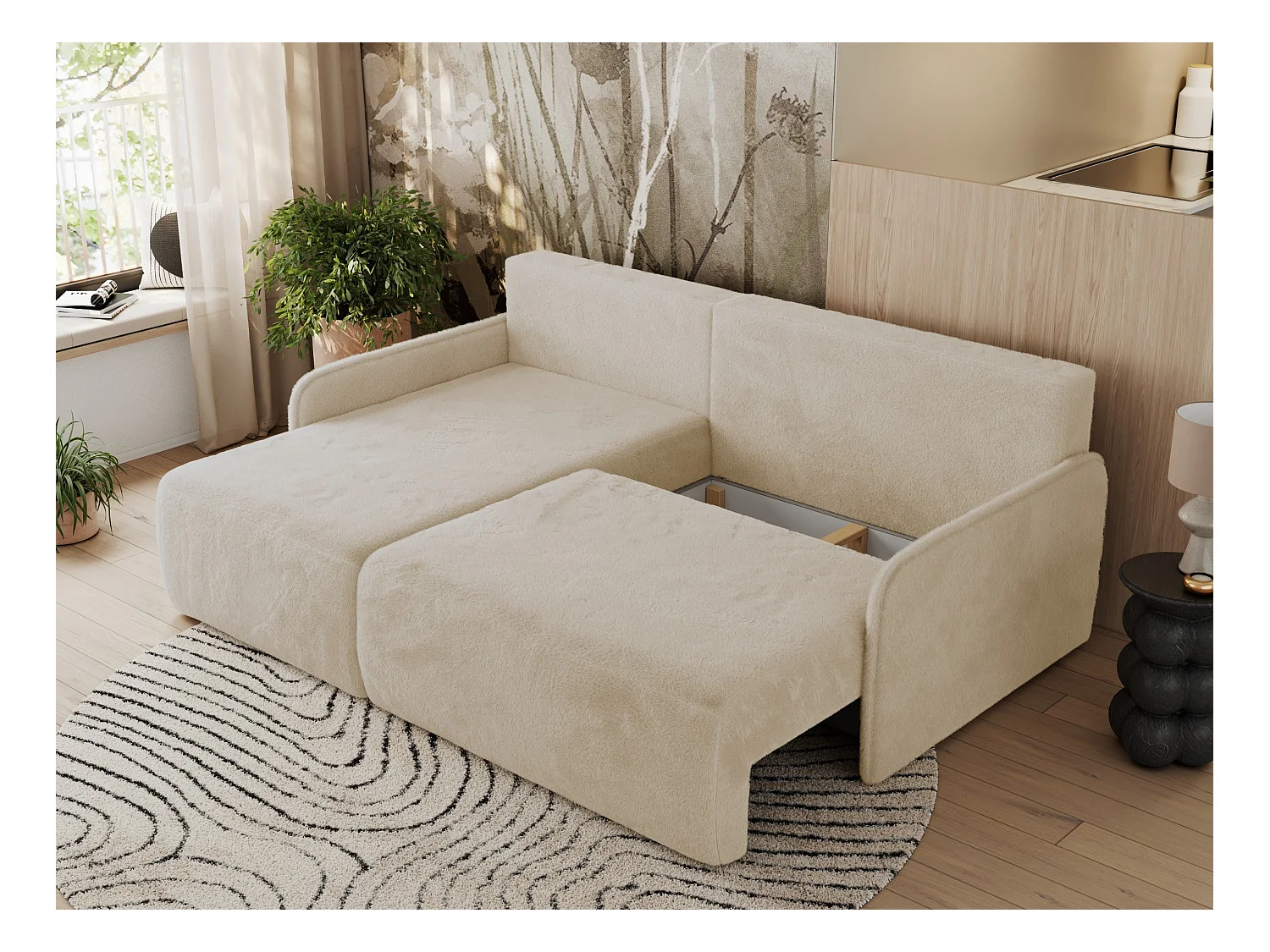 Ecksofa ARPA - L-form Schlaffsofa, Bettkasten und lose Kissen, Armlehnen - Creme Plüsch - Ecke Links
