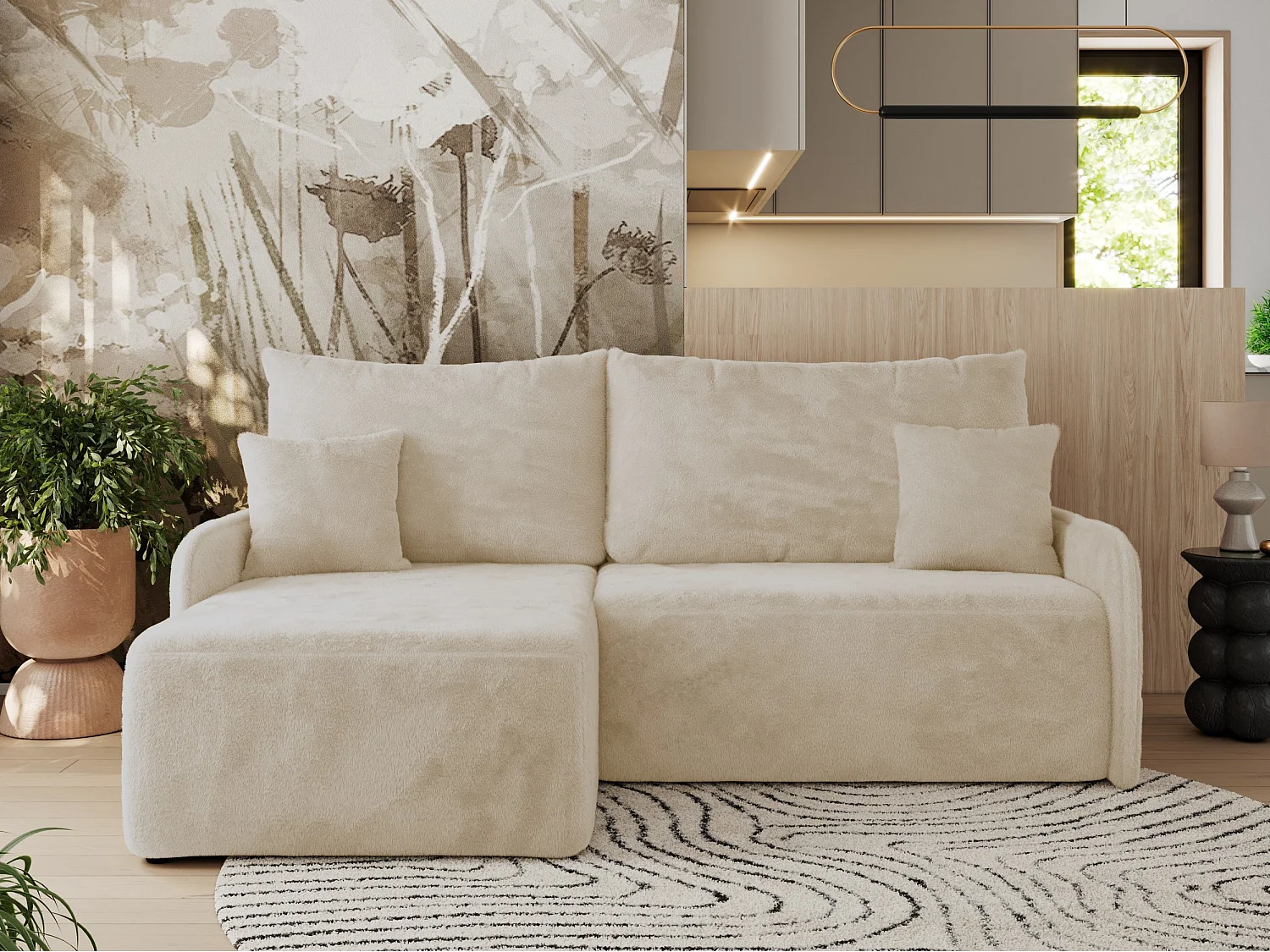 Ecksofa ARPA - L-form Schlaffsofa, Bettkasten und lose Kissen, Armlehnen - Creme Plüsch - Ecke Links