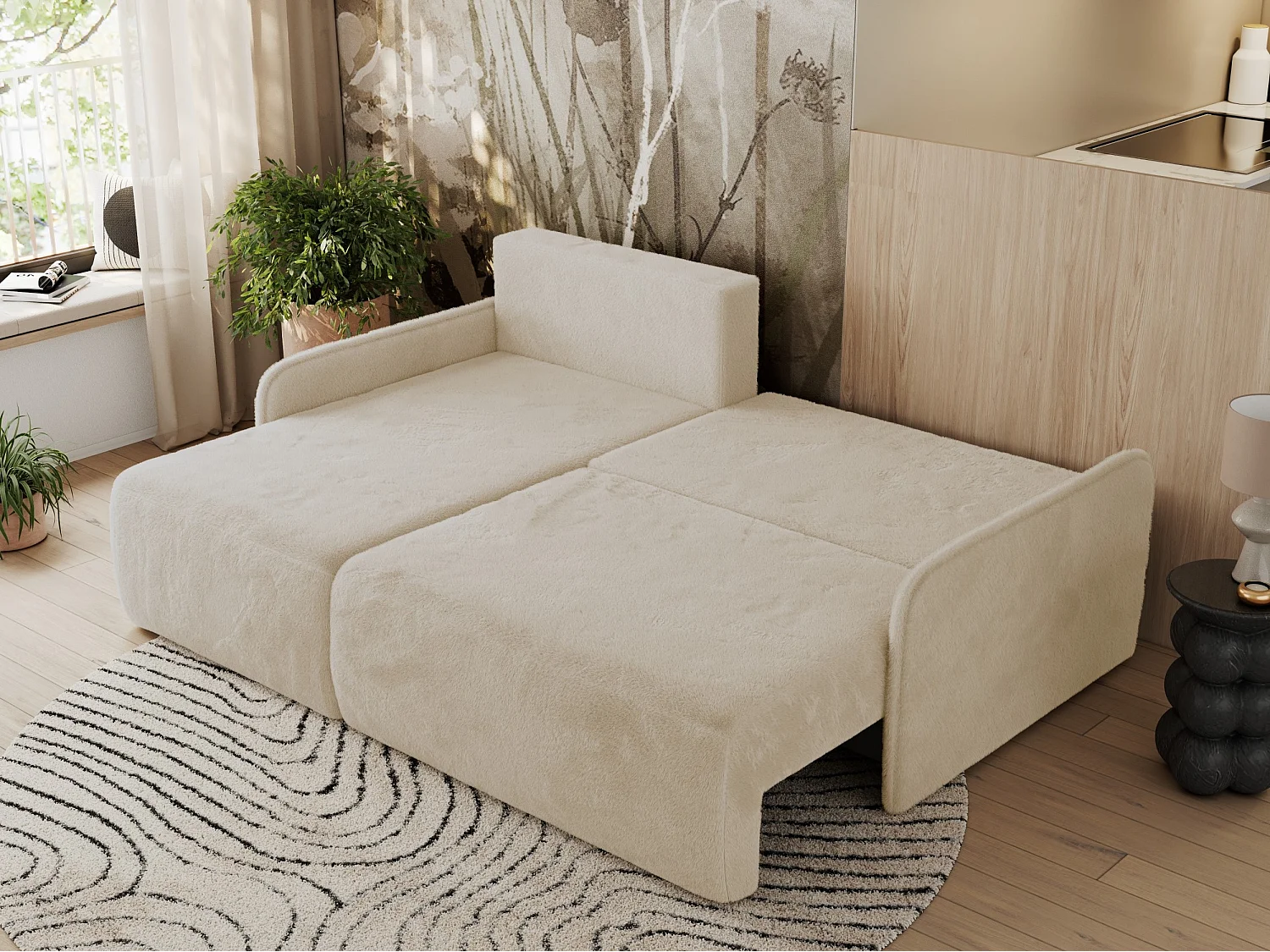 Ecksofa ARPA - L-form Schlaffsofa, Bettkasten und lose Kissen, Armlehnen - Creme Plüsch - Ecke Links