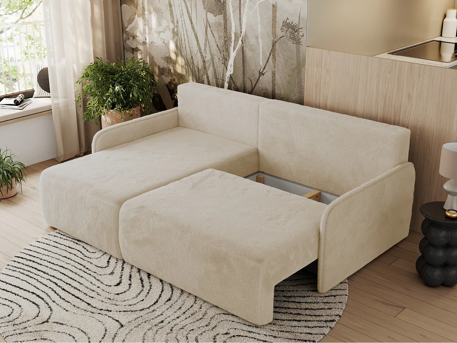 Ecksofa ARPA - L-form Schlaffsofa, Bettkasten und lose Kissen, Armlehnen - Creme Plüsch - Ecke Links