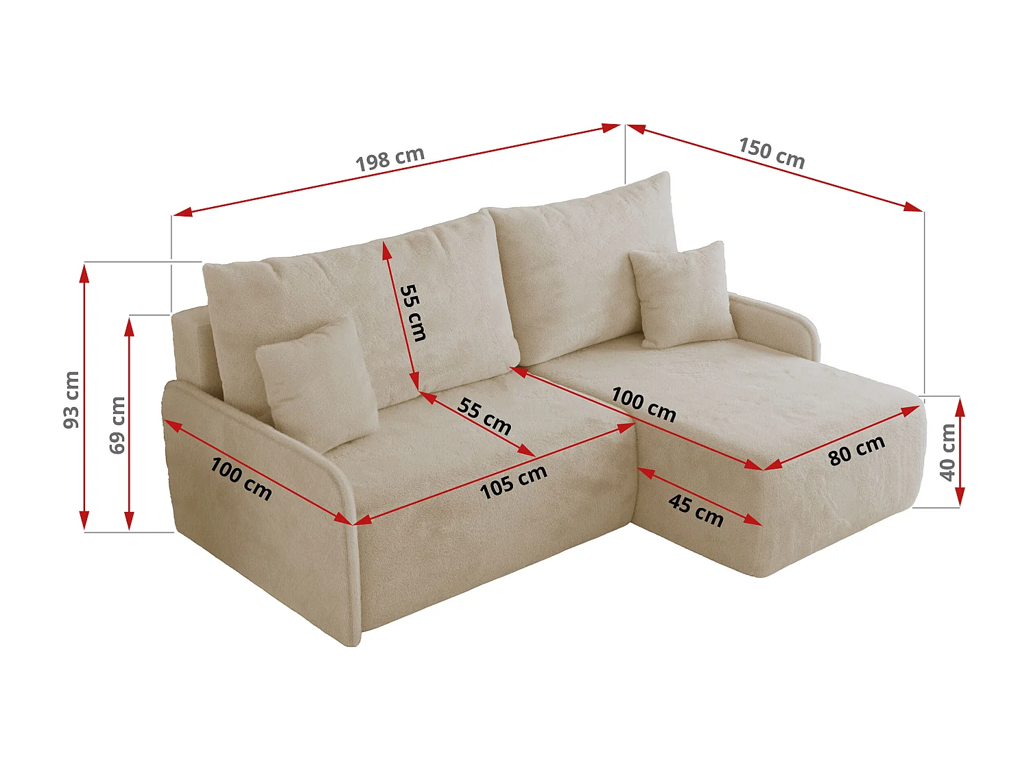 Ecksofa ARPA - L-form Schlaffsofa, Bettkasten und lose Kissen, Armlehnen - Creme Plüsch - Ecke Links