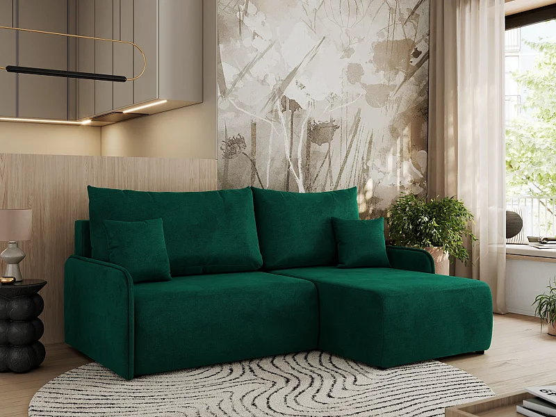 Ecksofa ARPA - L-form Schlaffsofa, Bettkasten und lose Kissen, Armlehnen - Dunkelgrün Velvet - Ecke Rechts