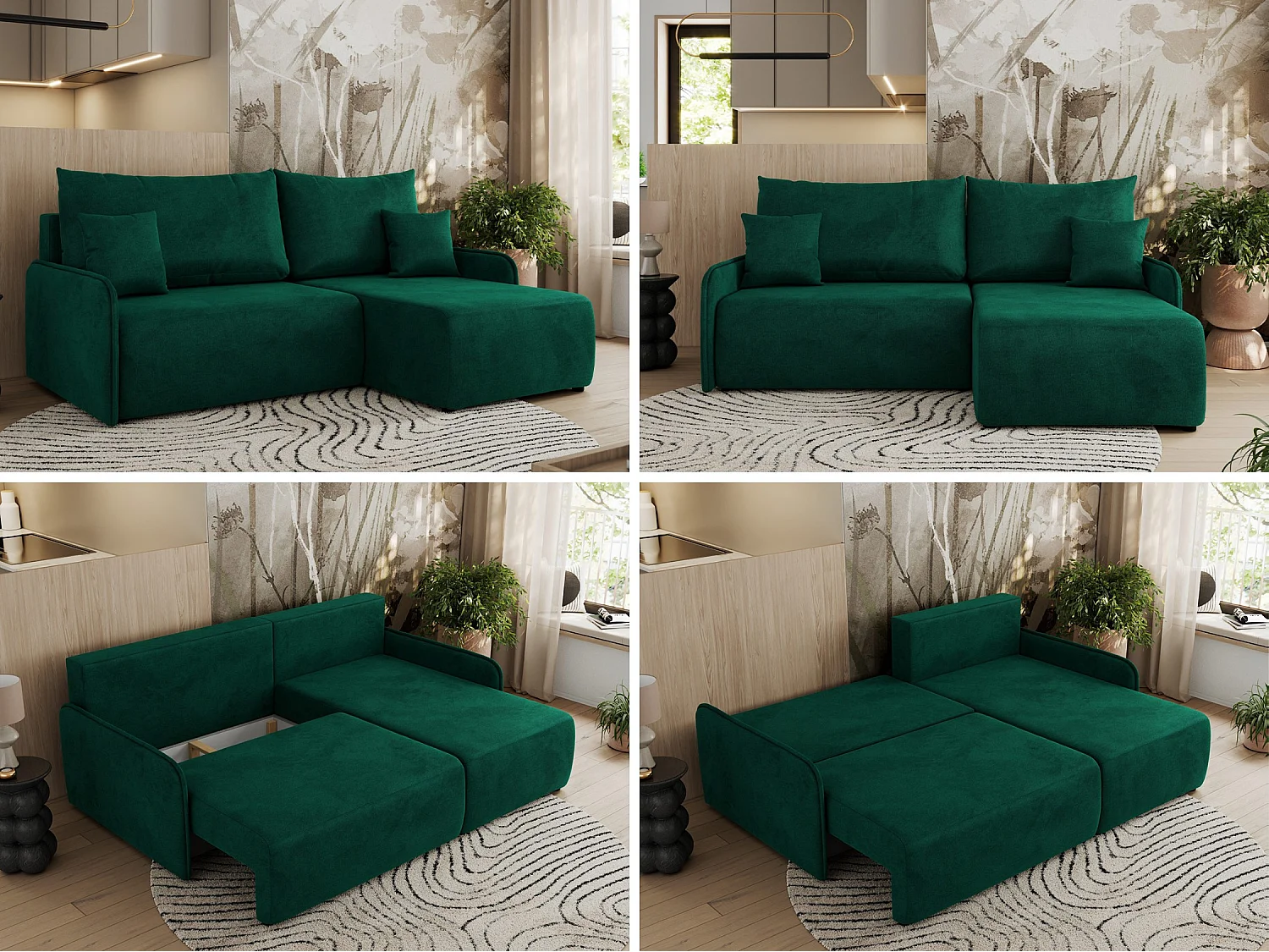 Ecksofa ARPA - L-form Schlaffsofa, Bettkasten und lose Kissen, Armlehnen - Dunkelgrün Velvet - Ecke Rechts