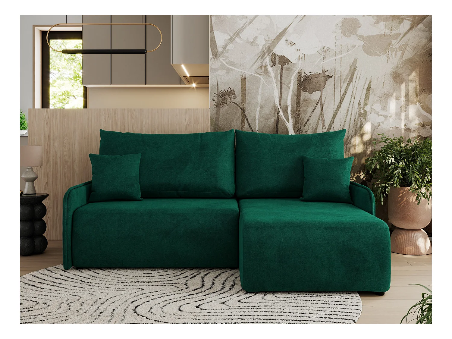 Ecksofa ARPA - L-form Schlaffsofa, Bettkasten und lose Kissen, Armlehnen - Dunkelgrün Velvet - Ecke Rechts