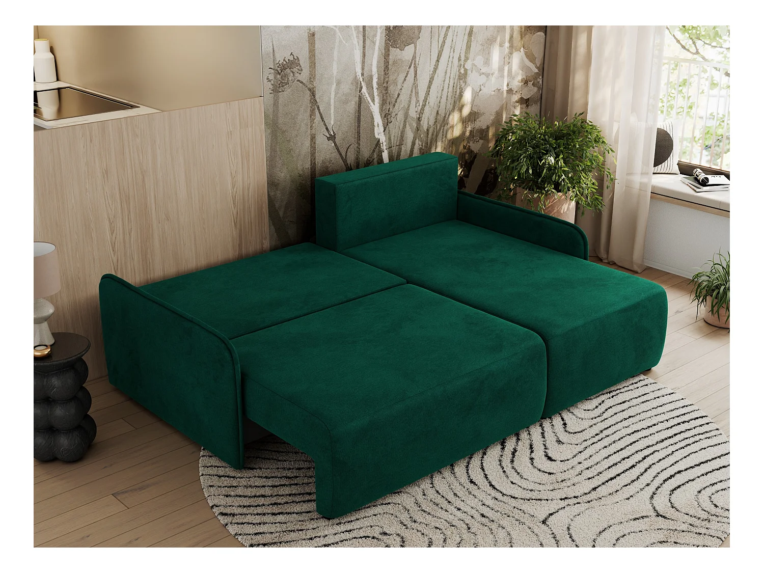 Ecksofa ARPA - L-form Schlaffsofa, Bettkasten und lose Kissen, Armlehnen - Dunkelgrün Velvet - Ecke Rechts