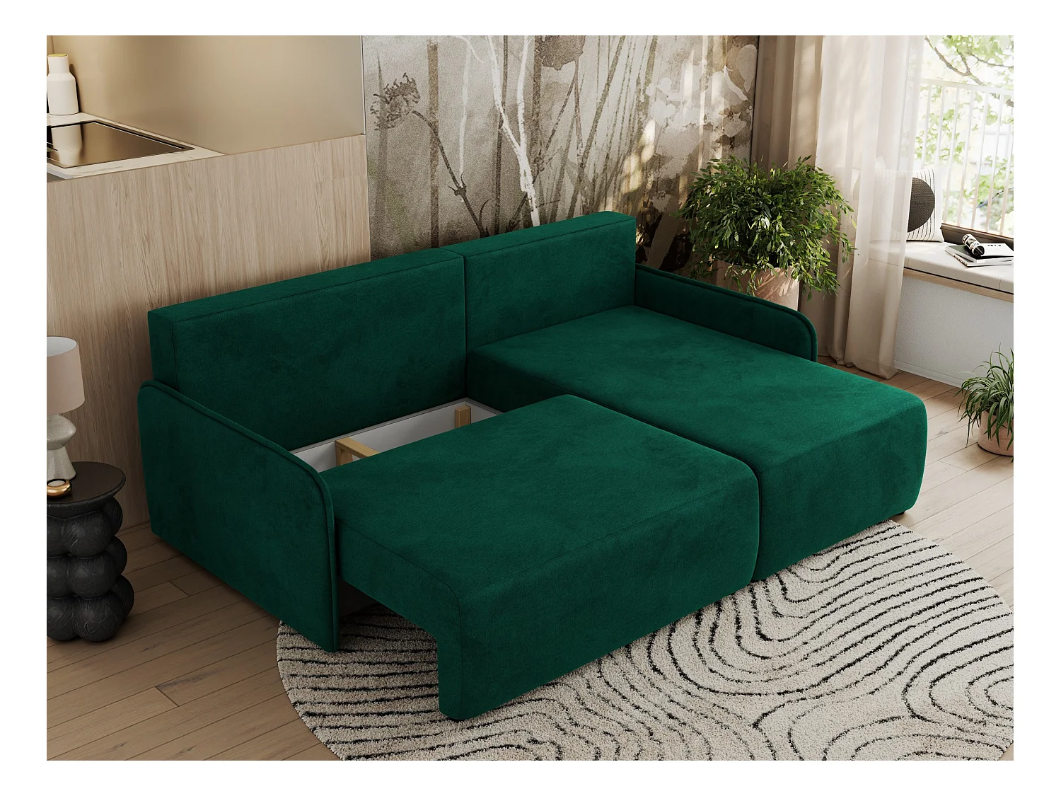 Ecksofa ARPA - L-form Schlaffsofa, Bettkasten und lose Kissen, Armlehnen - Dunkelgrün Velvet - Ecke Rechts