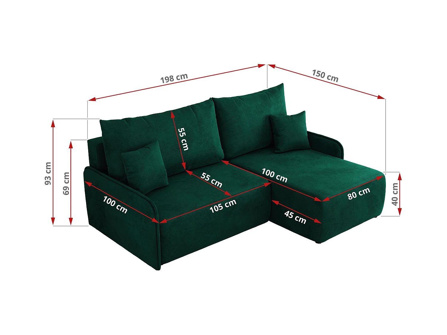 Ecksofa ARPA - L-form Schlaffsofa, Bettkasten und lose Kissen, Armlehnen - Dunkelgrün Velvet - Ecke Rechts