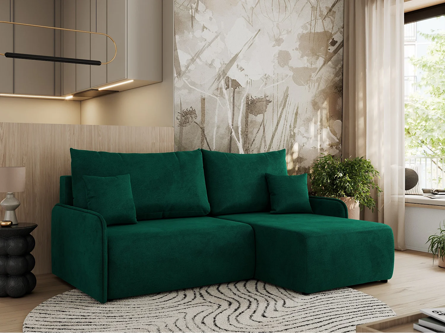 Ecksofa ARPA - L-form Schlaffsofa, Bettkasten und lose Kissen, Armlehnen - Dunkelgrün Velvet - Ecke Rechts