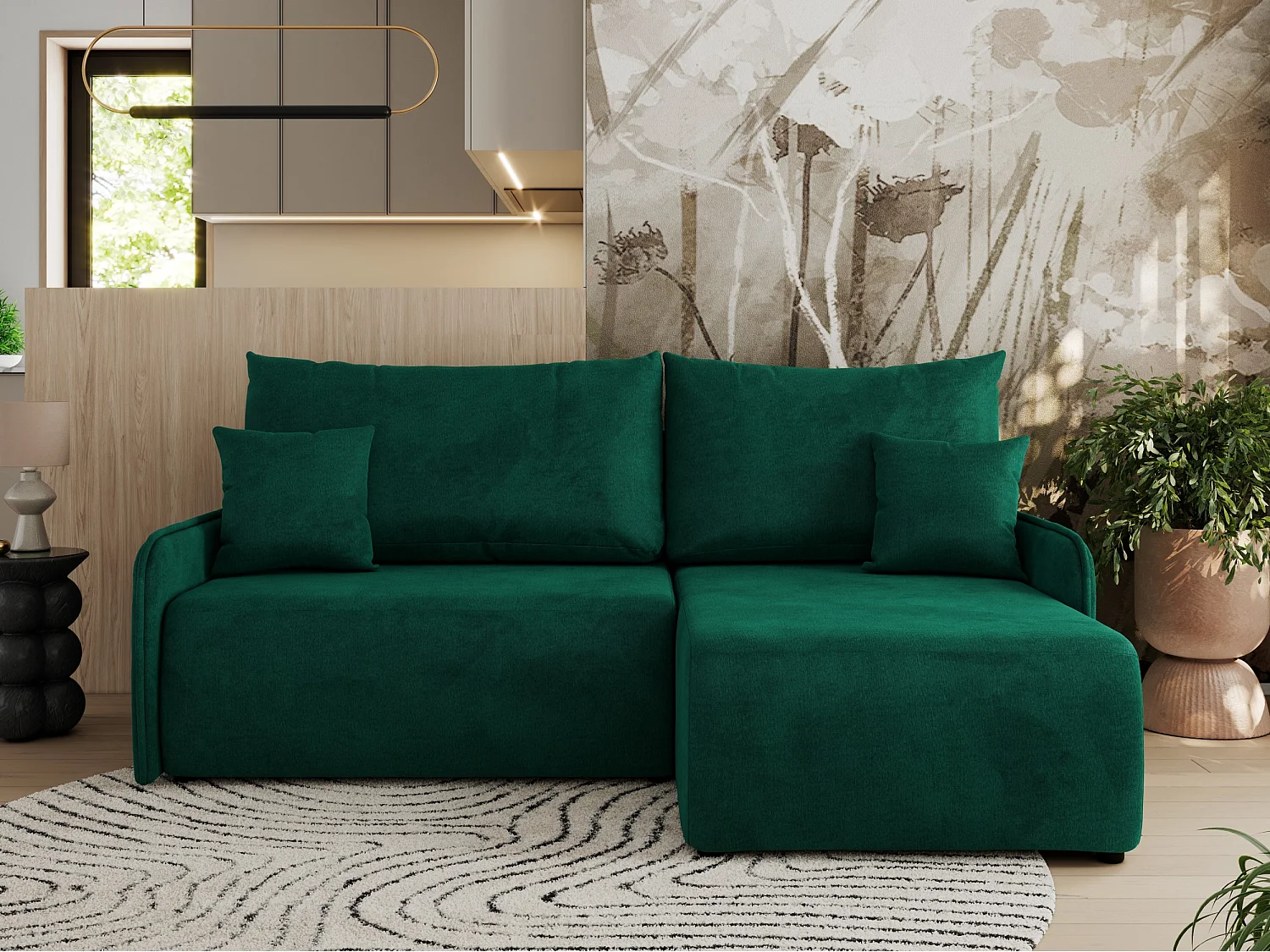 Ecksofa ARPA - L-form Schlaffsofa, Bettkasten und lose Kissen, Armlehnen - Dunkelgrün Velvet - Ecke Rechts