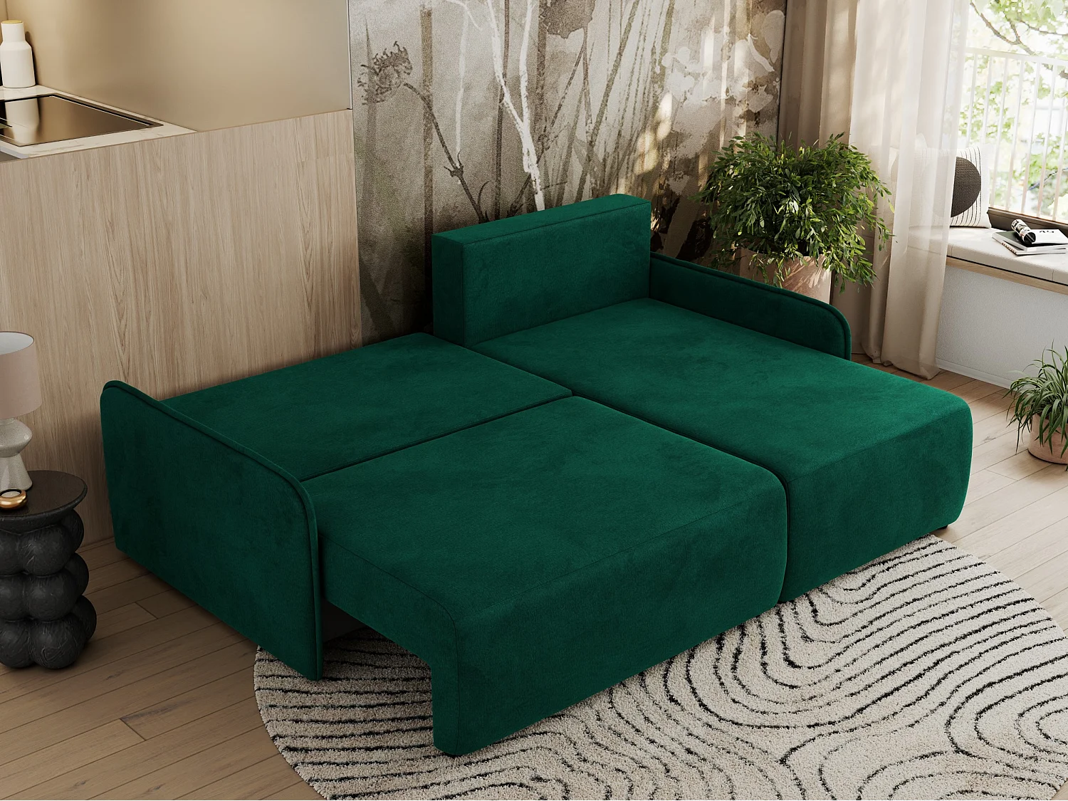 Ecksofa ARPA - L-form Schlaffsofa, Bettkasten und lose Kissen, Armlehnen - Dunkelgrün Velvet - Ecke Rechts