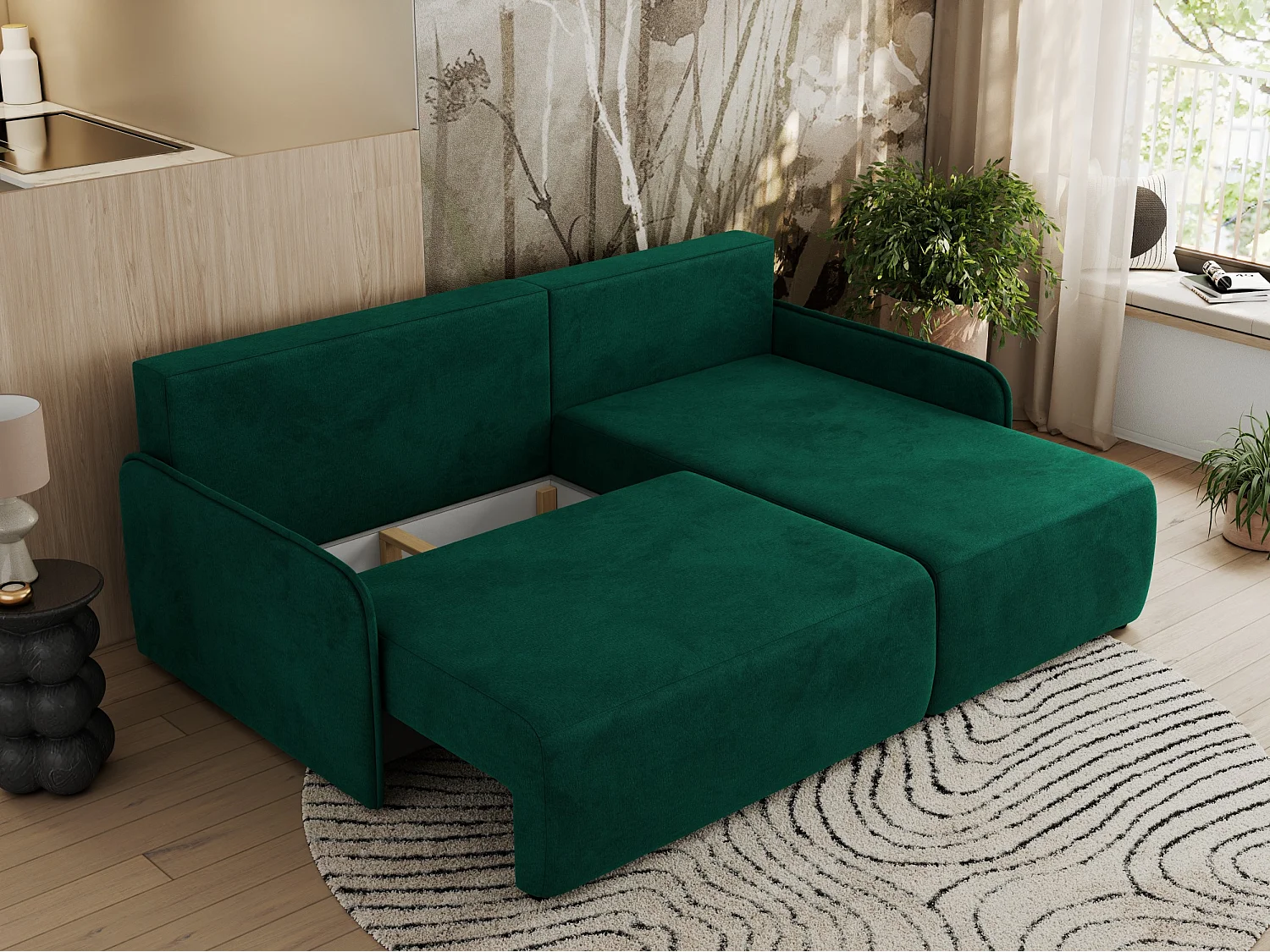 Ecksofa ARPA - L-form Schlaffsofa, Bettkasten und lose Kissen, Armlehnen - Dunkelgrün Velvet - Ecke Rechts