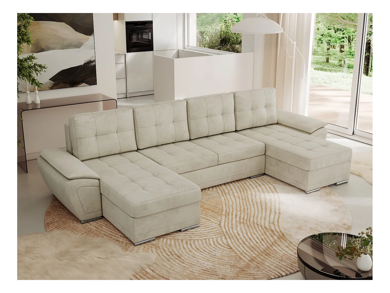 Ecksofa UMBRIA U - XXL Wohnlandschaft, mit Schlaffunktion und Bettkasten, genähte Ecke - Beige Velvet