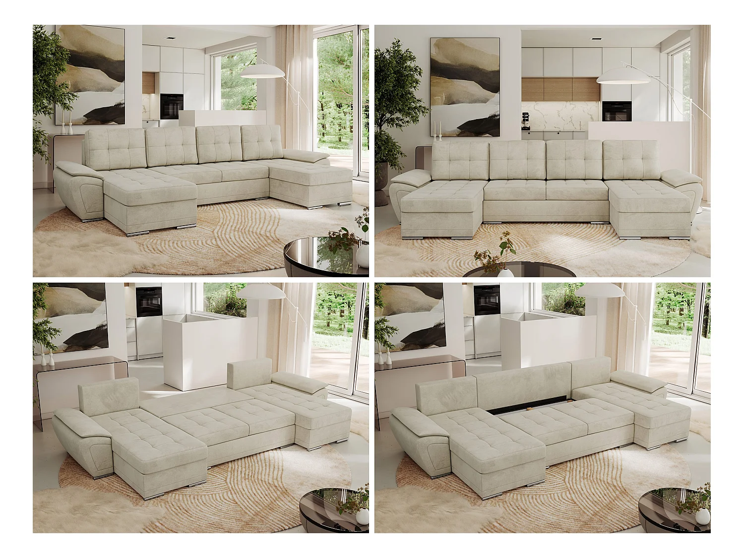 Ecksofa UMBRIA U - XXL Wohnlandschaft, mit Schlaffunktion und Bettkasten, genähte Ecke - Beige Velvet