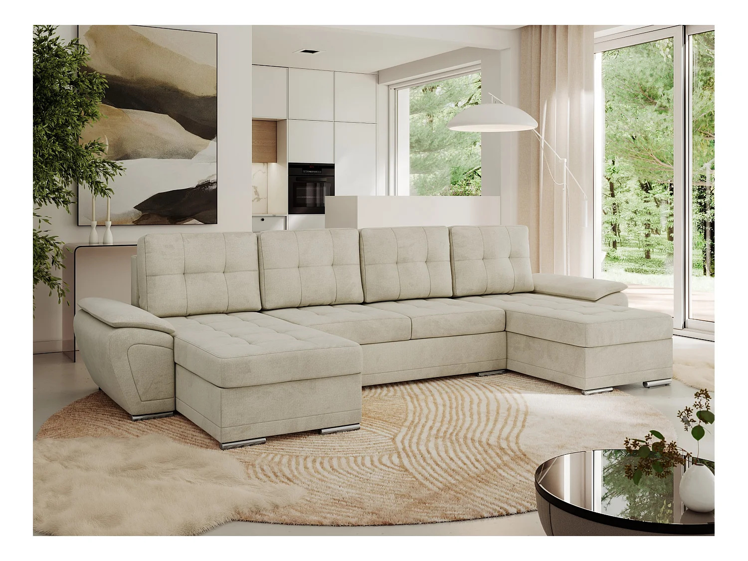 Ecksofa UMBRIA U - XXL Wohnlandschaft, mit Schlaffunktion und Bettkasten, genähte Ecke - Beige Velvet