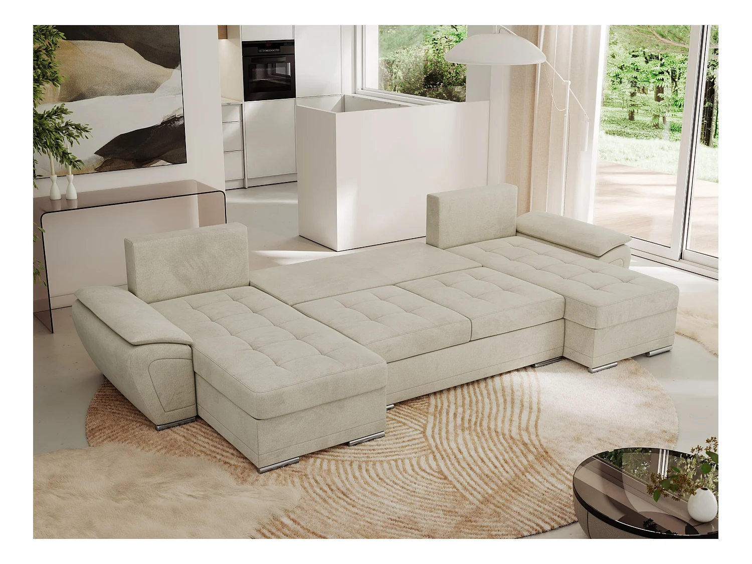 Ecksofa UMBRIA U - XXL Wohnlandschaft, mit Schlaffunktion und Bettkasten, genähte Ecke - Beige Velvet