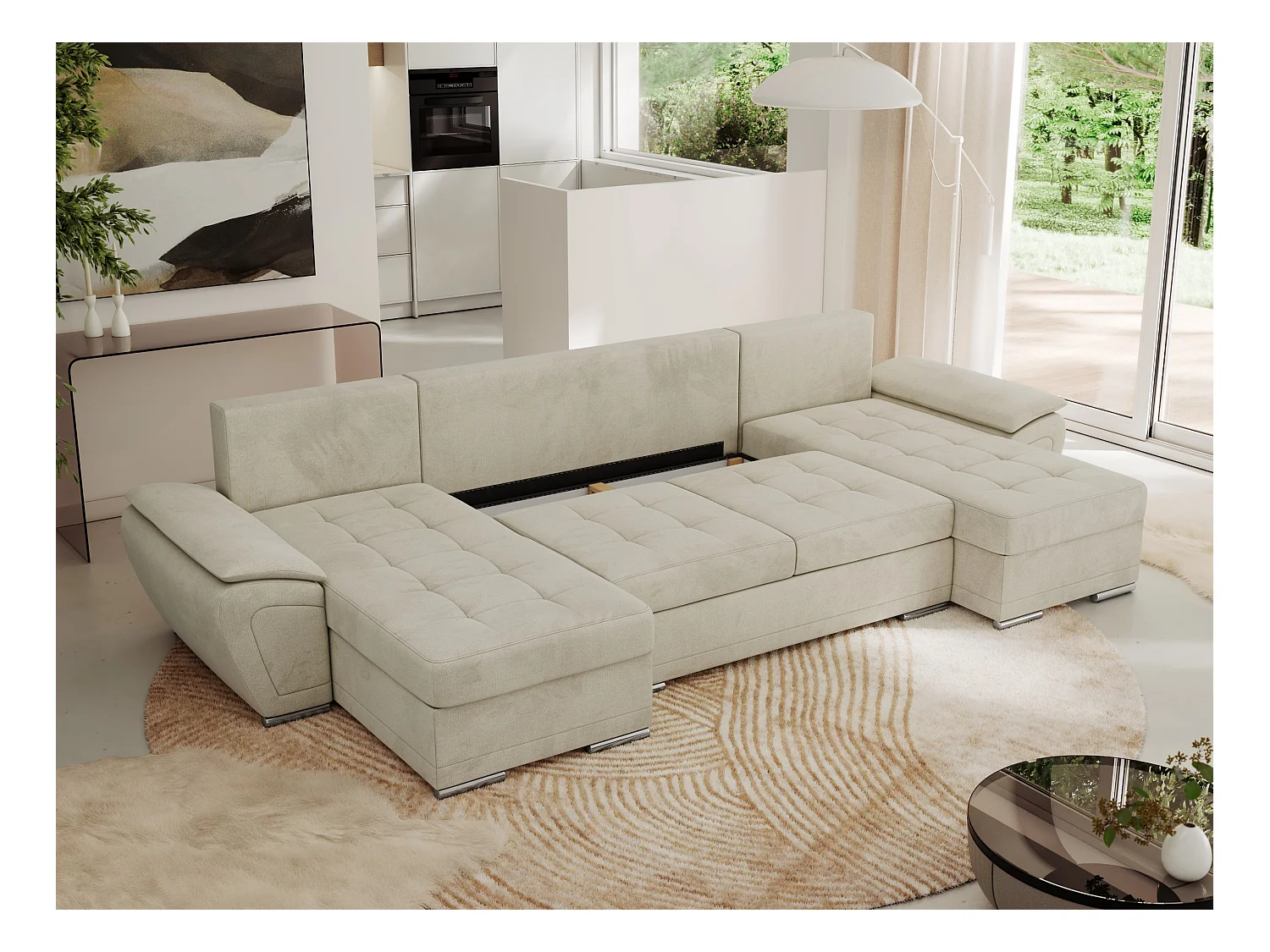 Ecksofa UMBRIA U - XXL Wohnlandschaft, mit Schlaffunktion und Bettkasten, genähte Ecke - Beige Velvet