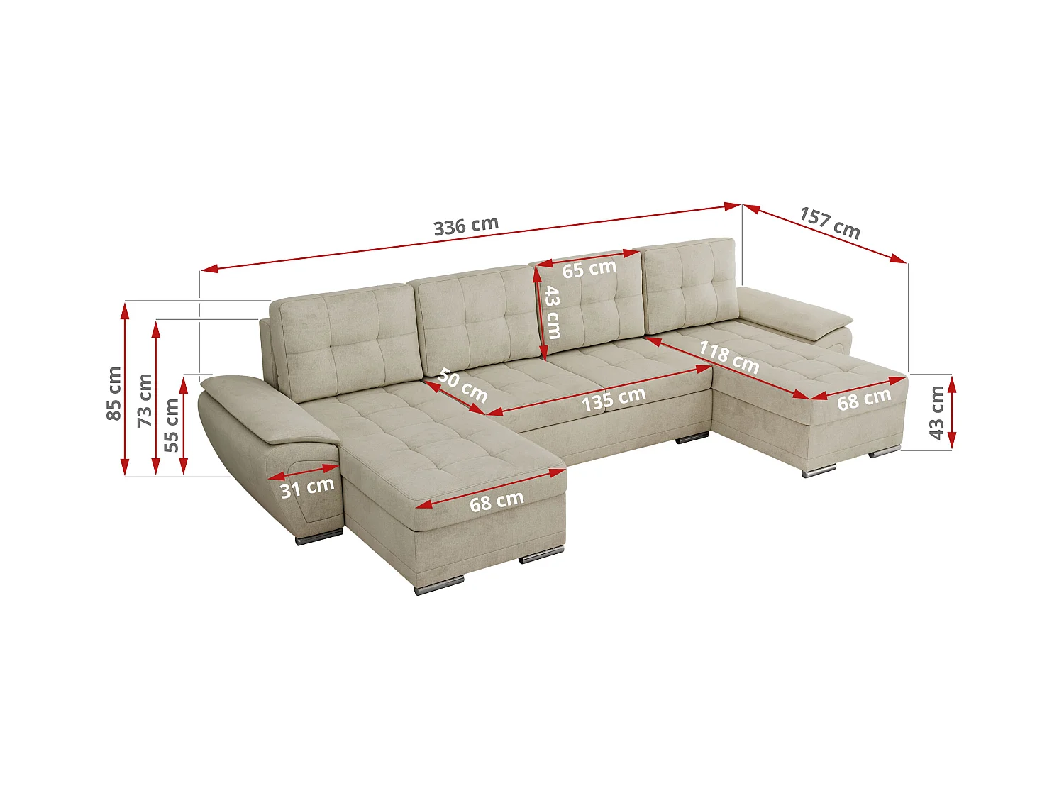 Ecksofa UMBRIA U - XXL Wohnlandschaft, mit Schlaffunktion und Bettkasten, genähte Ecke - Beige Velvet
