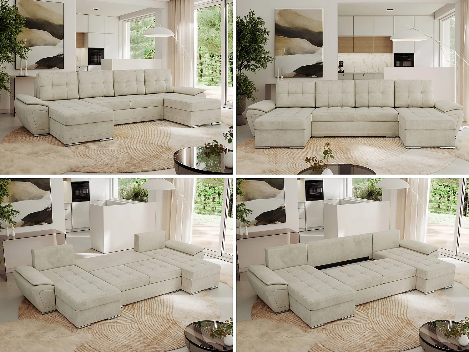 Ecksofa UMBRIA U - XXL Wohnlandschaft, mit Schlaffunktion und Bettkasten, genähte Ecke - Beige Velvet