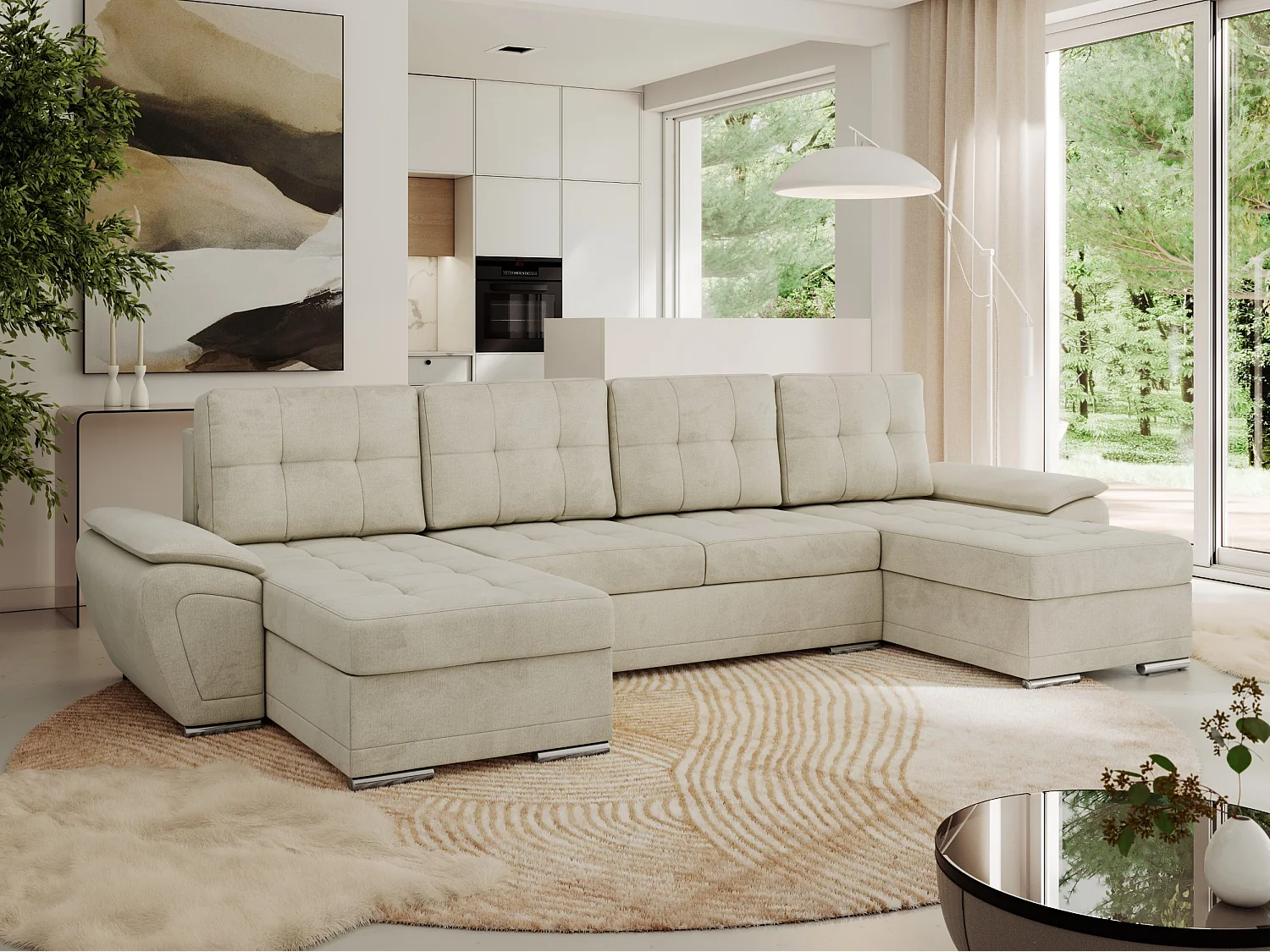 Ecksofa UMBRIA U - XXL Wohnlandschaft, mit Schlaffunktion und Bettkasten, genähte Ecke - Beige Velvet