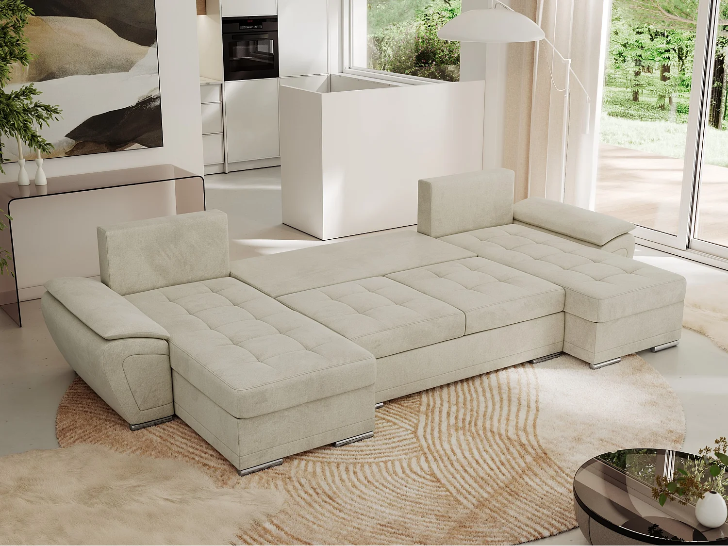 Ecksofa UMBRIA U - XXL Wohnlandschaft, mit Schlaffunktion und Bettkasten, genähte Ecke - Beige Velvet