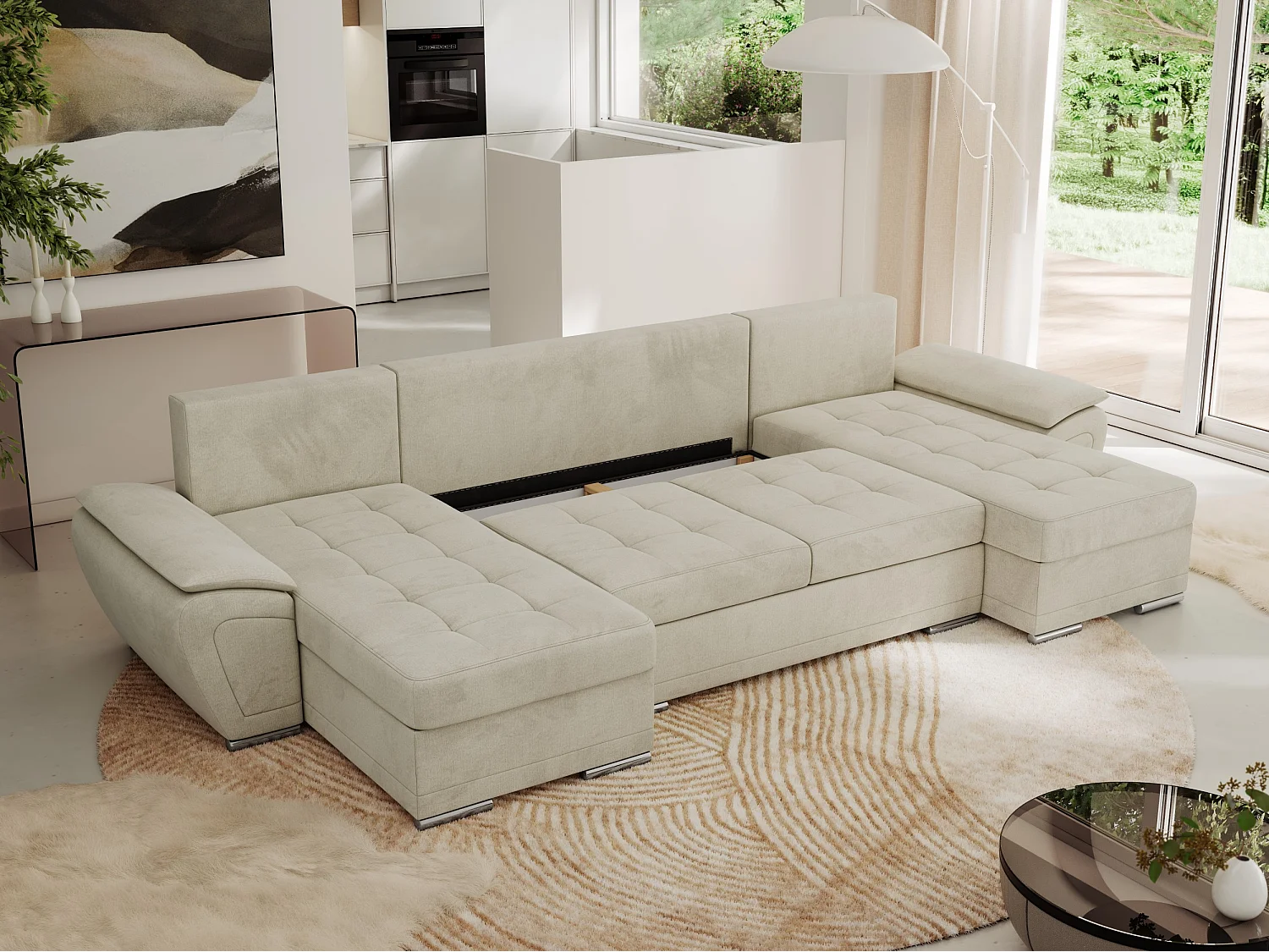 Ecksofa UMBRIA U - XXL Wohnlandschaft, mit Schlaffunktion und Bettkasten, genähte Ecke - Beige Velvet