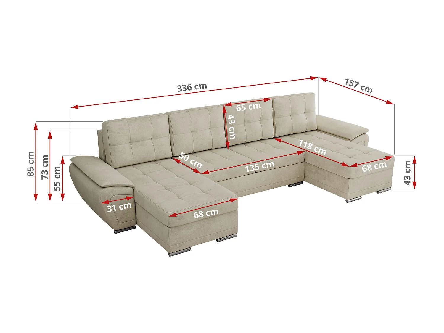 Ecksofa UMBRIA U - XXL Wohnlandschaft, mit Schlaffunktion und Bettkasten, genähte Ecke - Beige Velvet