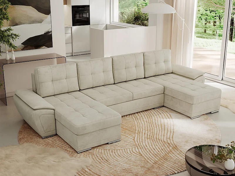 Ecksofa UMBRIA U - XXL Wohnlandschaft, mit Schlaffunktion und Bettkasten, genähte Ecke - Beige Velvet