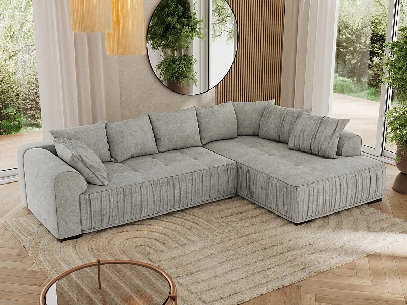 Ecksofa ORTA - Schlaffunktion und Bettkasten, lose Kissen, gesteppter Sitz, L-förmige Ecke - Hellgrau Stukture - Ecke Rechts