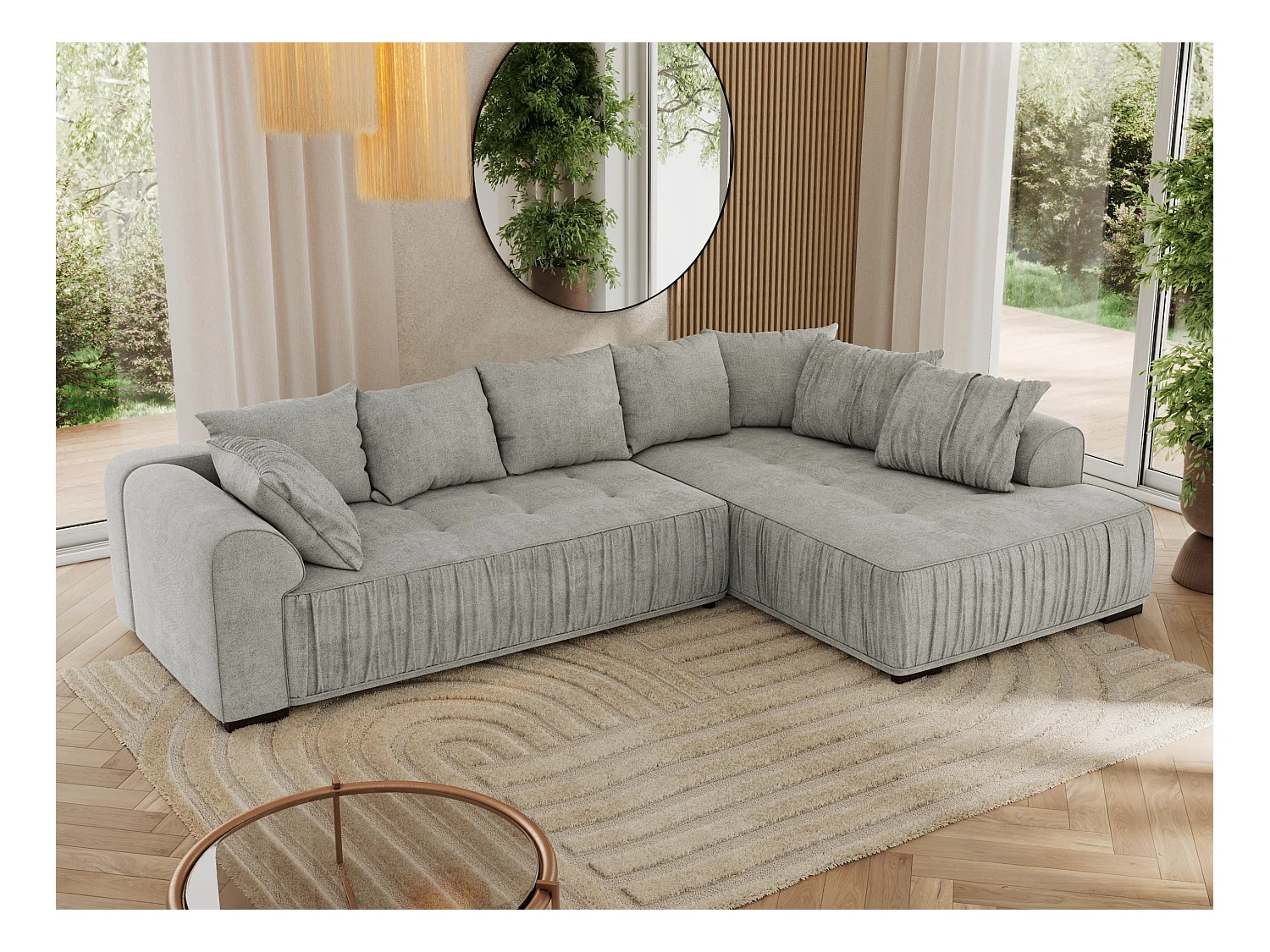 Ecksofa ORTA - Schlaffunktion und Bettkasten, lose Kissen, gesteppter Sitz, L-förmige Ecke - Hellgrau Stukture - Ecke Rechts