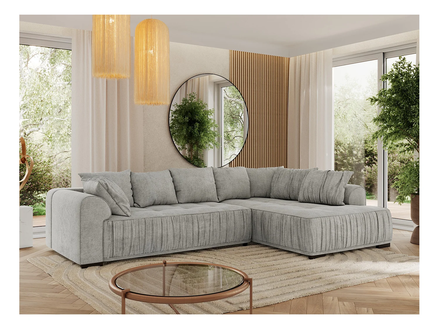Ecksofa ORTA - Schlaffunktion und Bettkasten, lose Kissen, gesteppter Sitz, L-förmige Ecke - Hellgrau Stukture - Ecke Rechts
