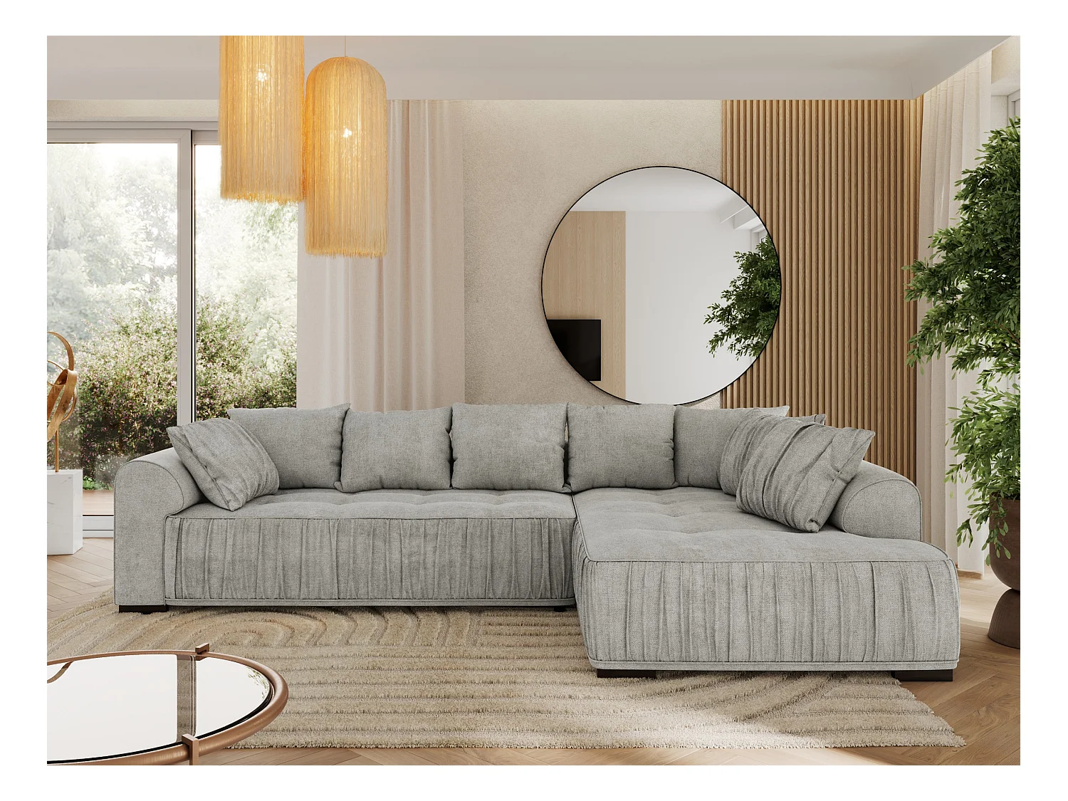Ecksofa ORTA - Schlaffunktion und Bettkasten, lose Kissen, gesteppter Sitz, L-förmige Ecke - Hellgrau Stukture - Ecke Rechts
