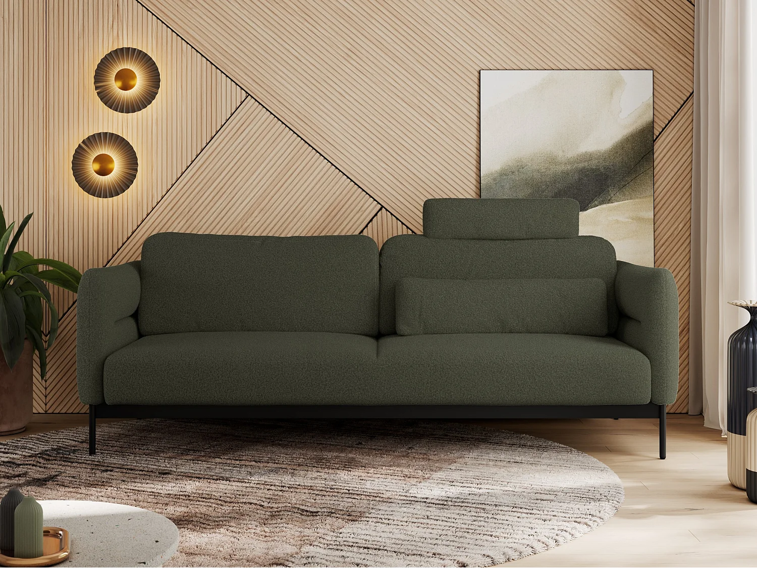 Sofa SALENTO - 3-Sitzer mit Metallbeine, mobile Kopfstütze, Schlafsofa mit lose Kissen - Grün Boucle