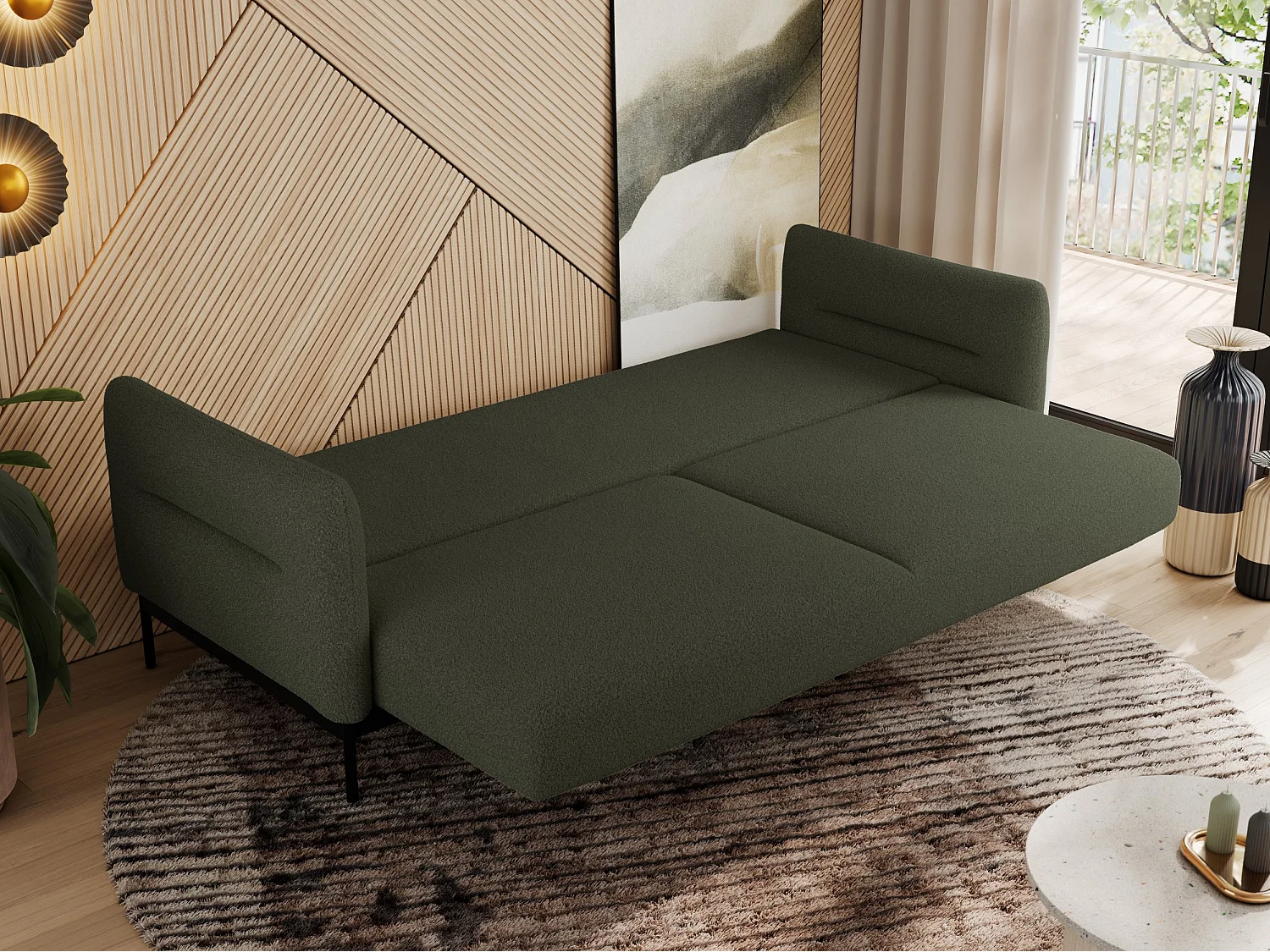 Sofa SALENTO - 3-Sitzer mit Metallbeine, mobile Kopfstütze, Schlafsofa mit lose Kissen - Grün Boucle