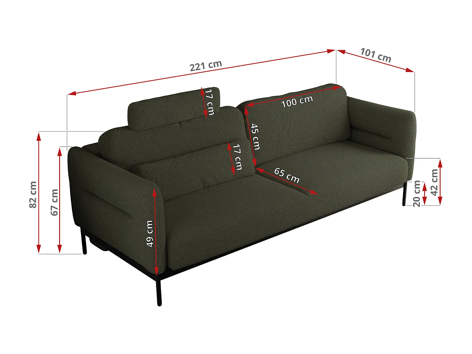 Sofa SALENTO - 3-Sitzer mit Metallbeine, mobile Kopfstütze, Schlafsofa mit lose Kissen - Grün Boucle