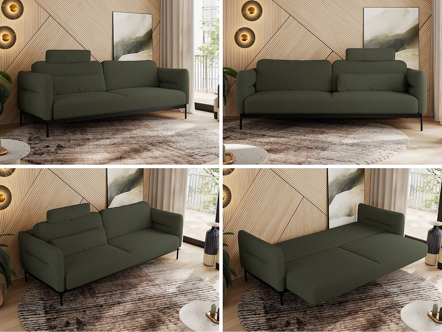 Sofa SALENTO - 3-Sitzer mit Metallbeine, mobile Kopfstütze, Schlafsofa mit lose Kissen - Grün Boucle