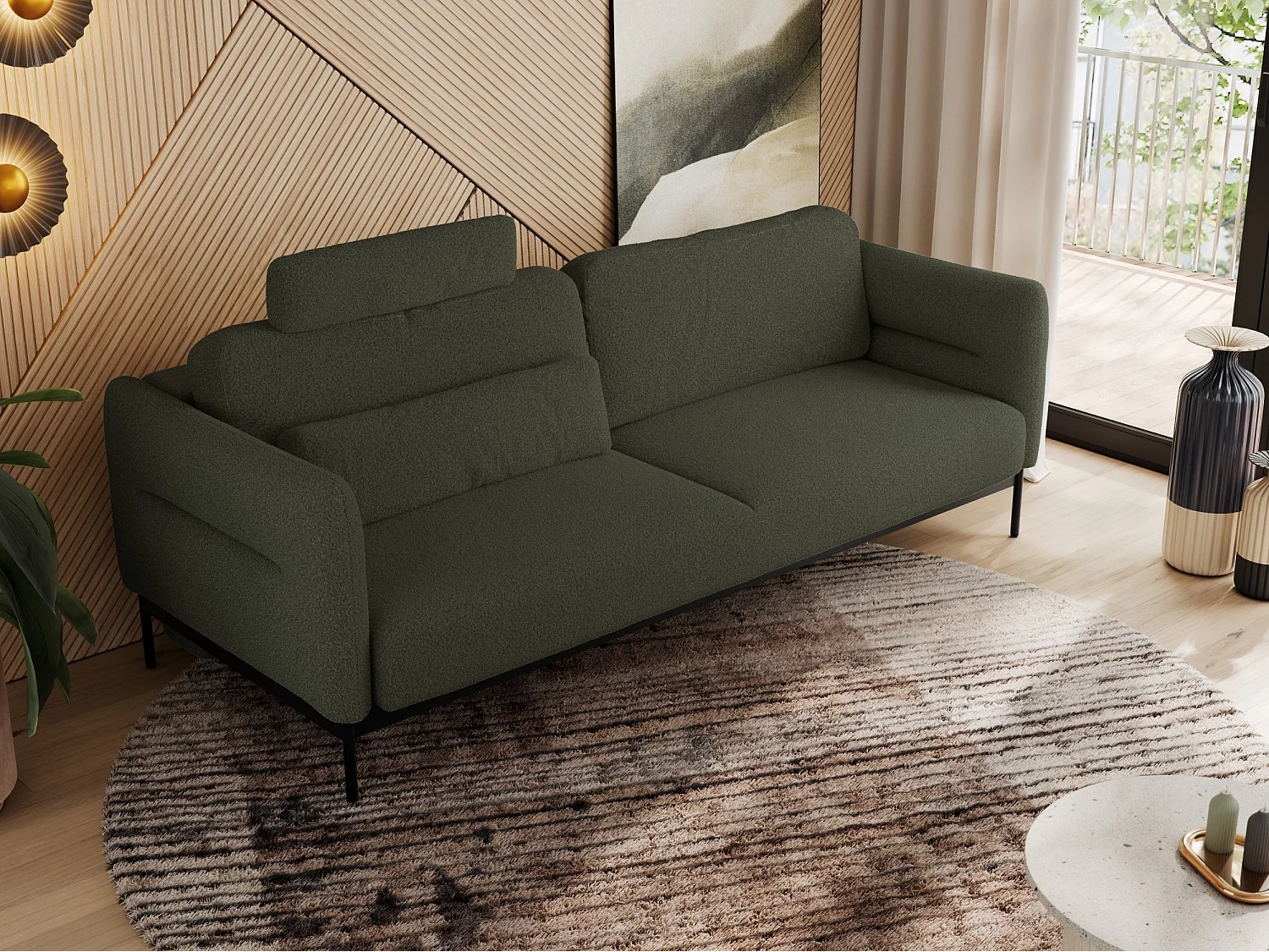 Sofa SALENTO - 3-Sitzer mit Metallbeine, mobile Kopfstütze, Schlafsofa mit lose Kissen - Grün Boucle