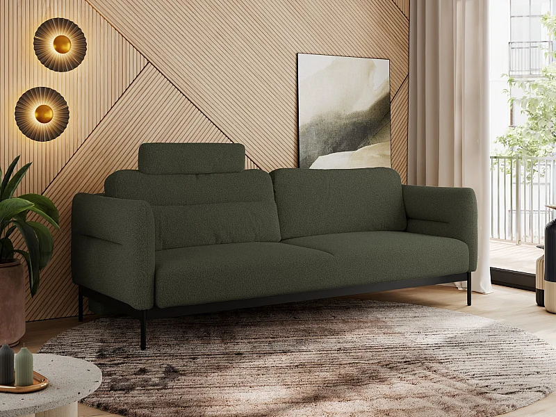 Sofa SALENTO - 3-Sitzer mit Metallbeine, mobile Kopfstütze, Schlafsofa mit lose Kissen - Grün Boucle