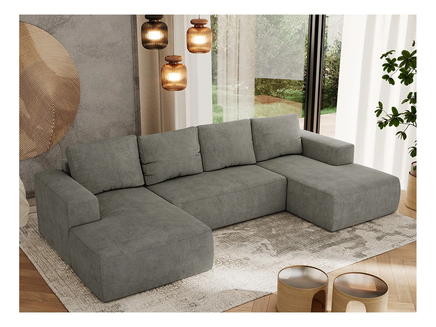 Ecksofa TRENTINO U - mit Schlaffunktion und Bettkasten, U-förmiges Wohnlandschaft, Armlehnen - Grau Strukture