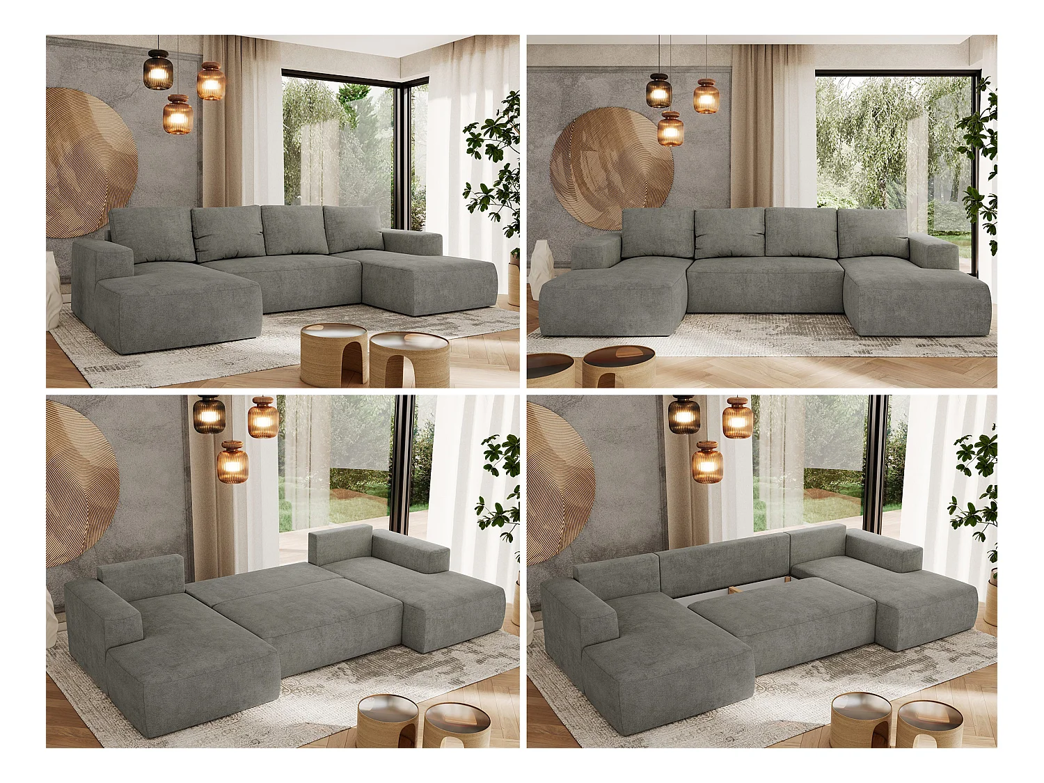 Ecksofa TRENTINO U - mit Schlaffunktion und Bettkasten, U-förmiges Wohnlandschaft, Armlehnen - Grau Strukture