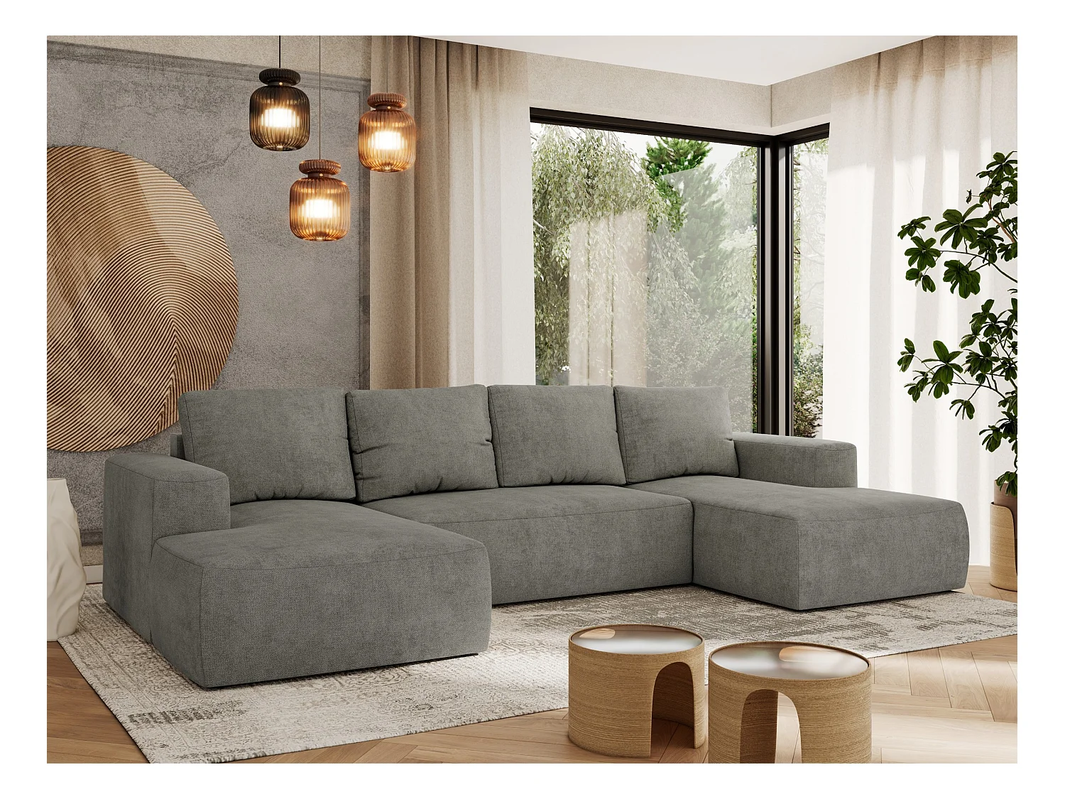 Ecksofa TRENTINO U - mit Schlaffunktion und Bettkasten, U-förmiges Wohnlandschaft, Armlehnen - Grau Strukture