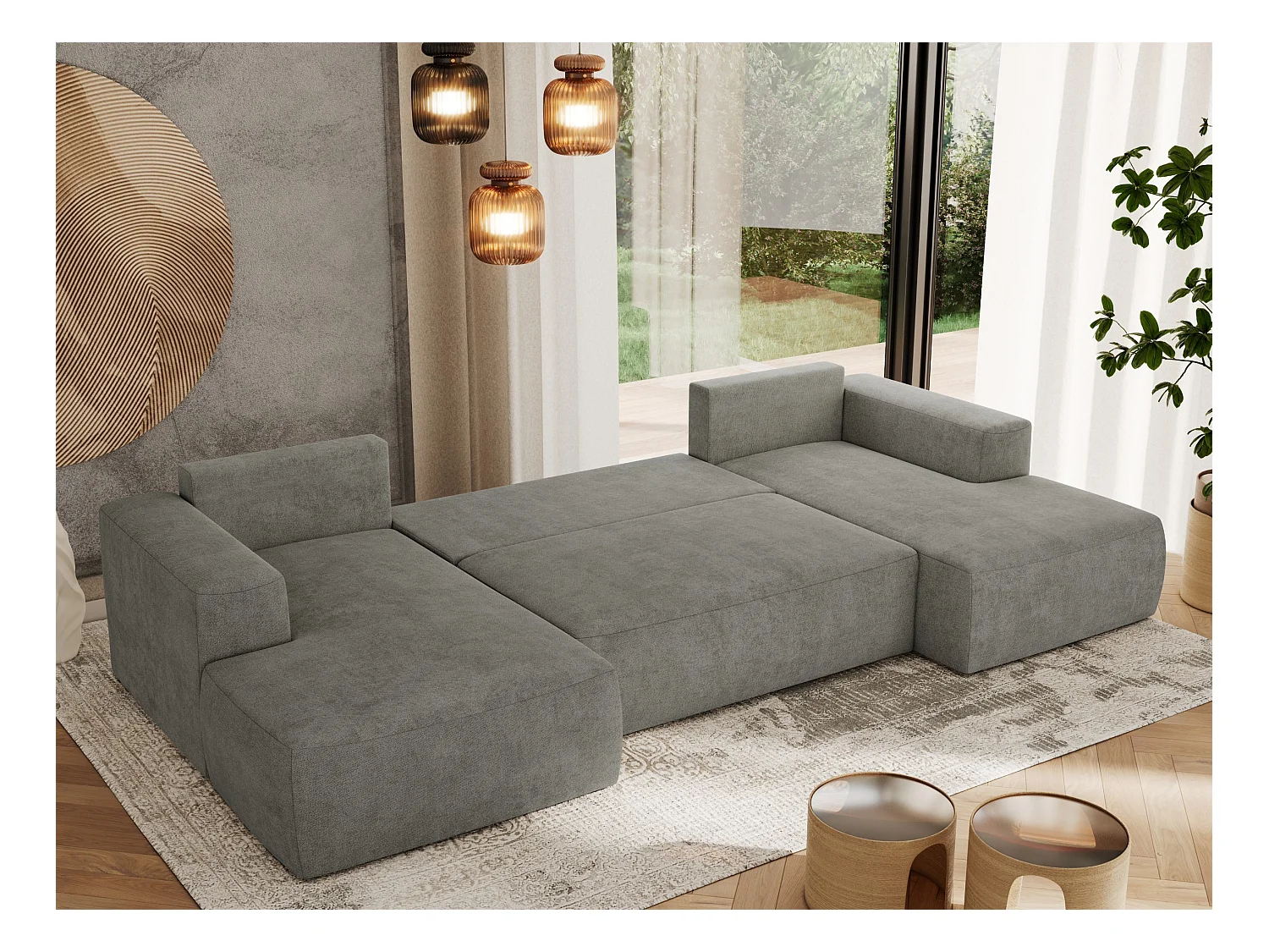 Ecksofa TRENTINO U - mit Schlaffunktion und Bettkasten, U-förmiges Wohnlandschaft, Armlehnen - Grau Strukture