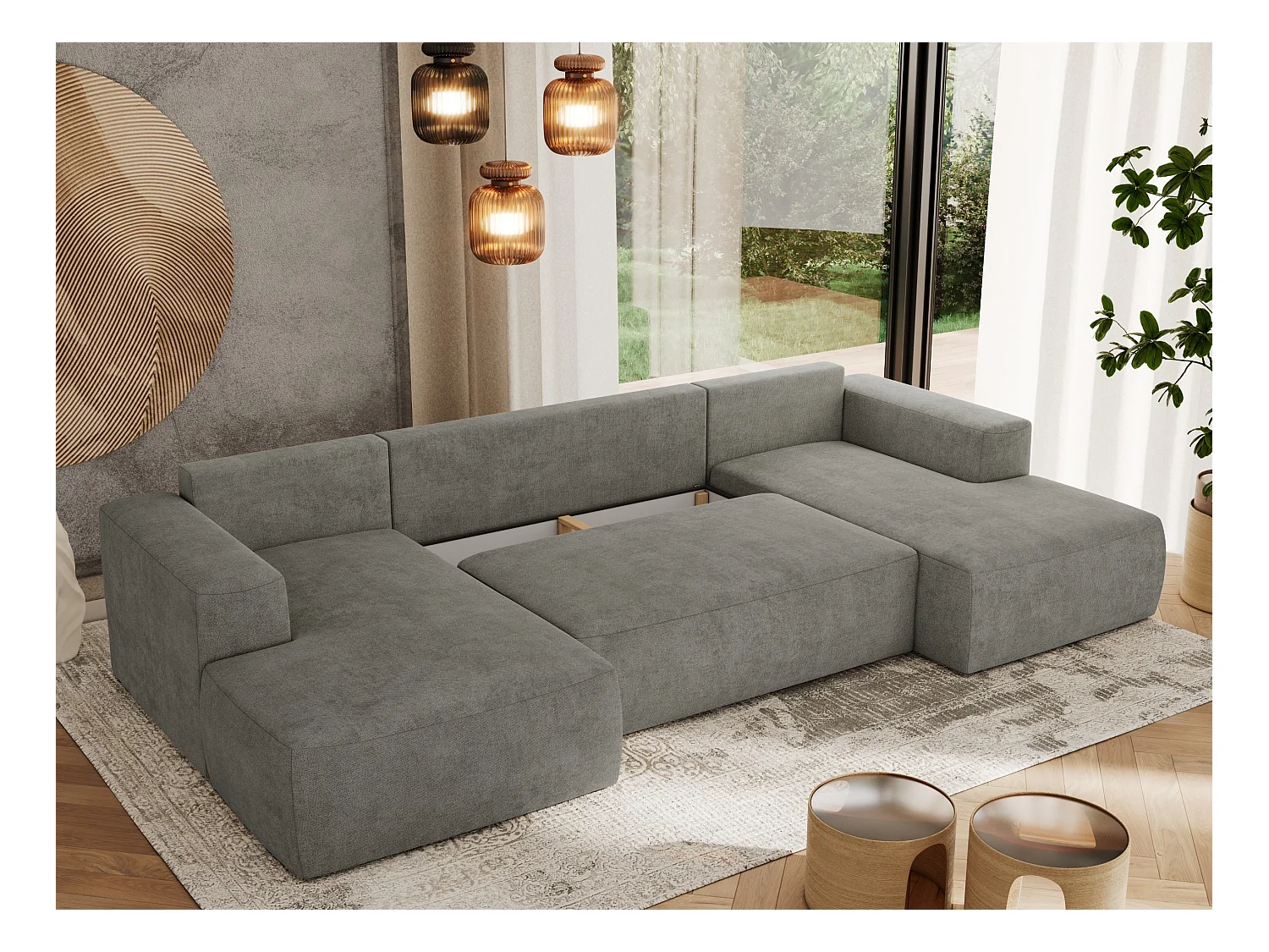 Ecksofa TRENTINO U - mit Schlaffunktion und Bettkasten, U-förmiges Wohnlandschaft, Armlehnen - Grau Strukture