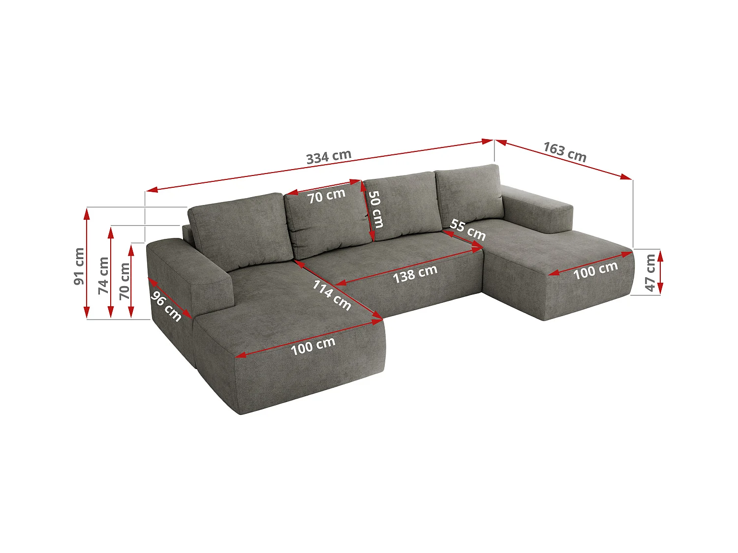 Ecksofa TRENTINO U - mit Schlaffunktion und Bettkasten, U-förmiges Wohnlandschaft, Armlehnen - Grau Strukture