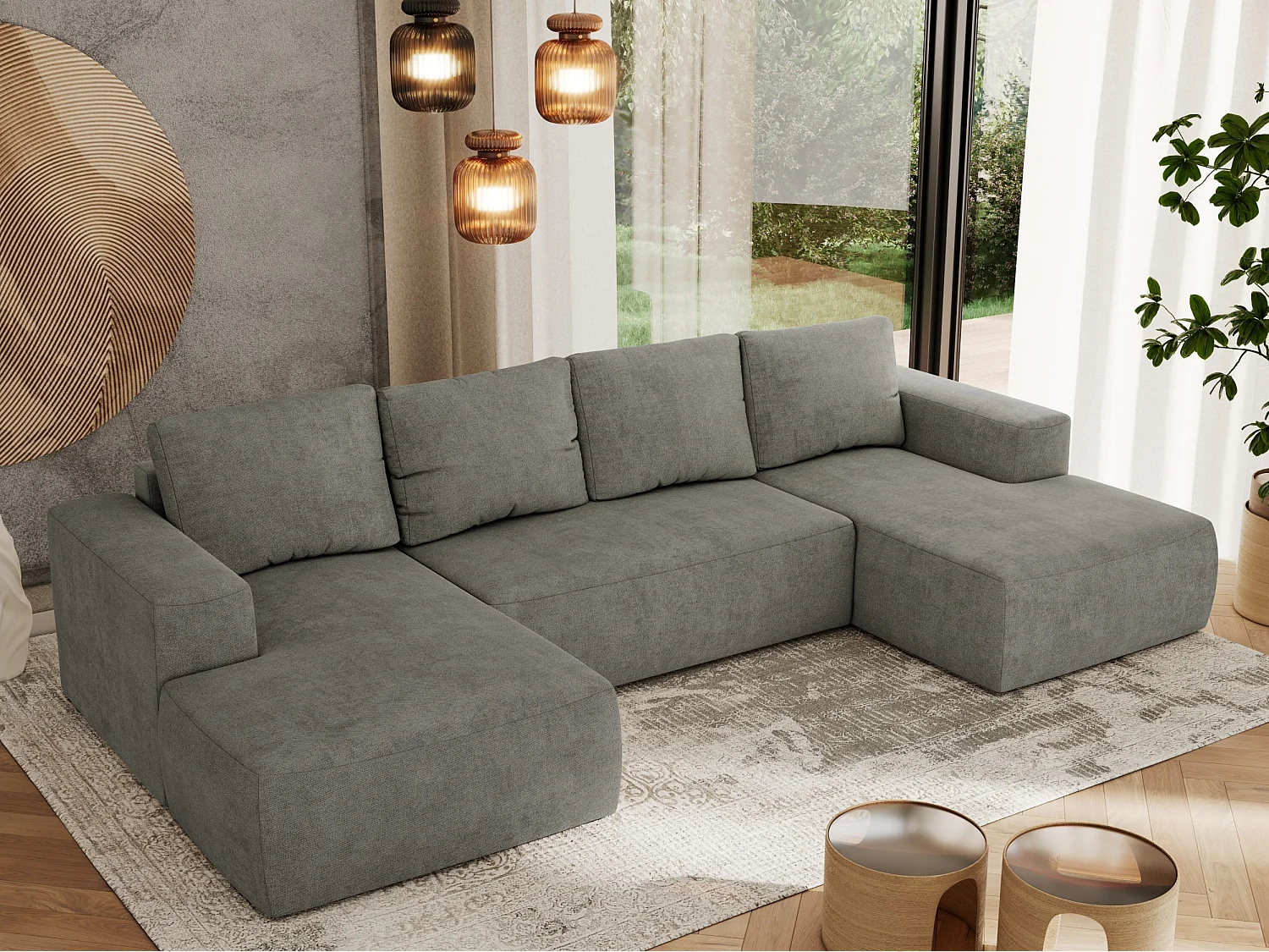 Ecksofa TRENTINO U - mit Schlaffunktion und Bettkasten, U-förmiges Wohnlandschaft, Armlehnen - Grau Strukture