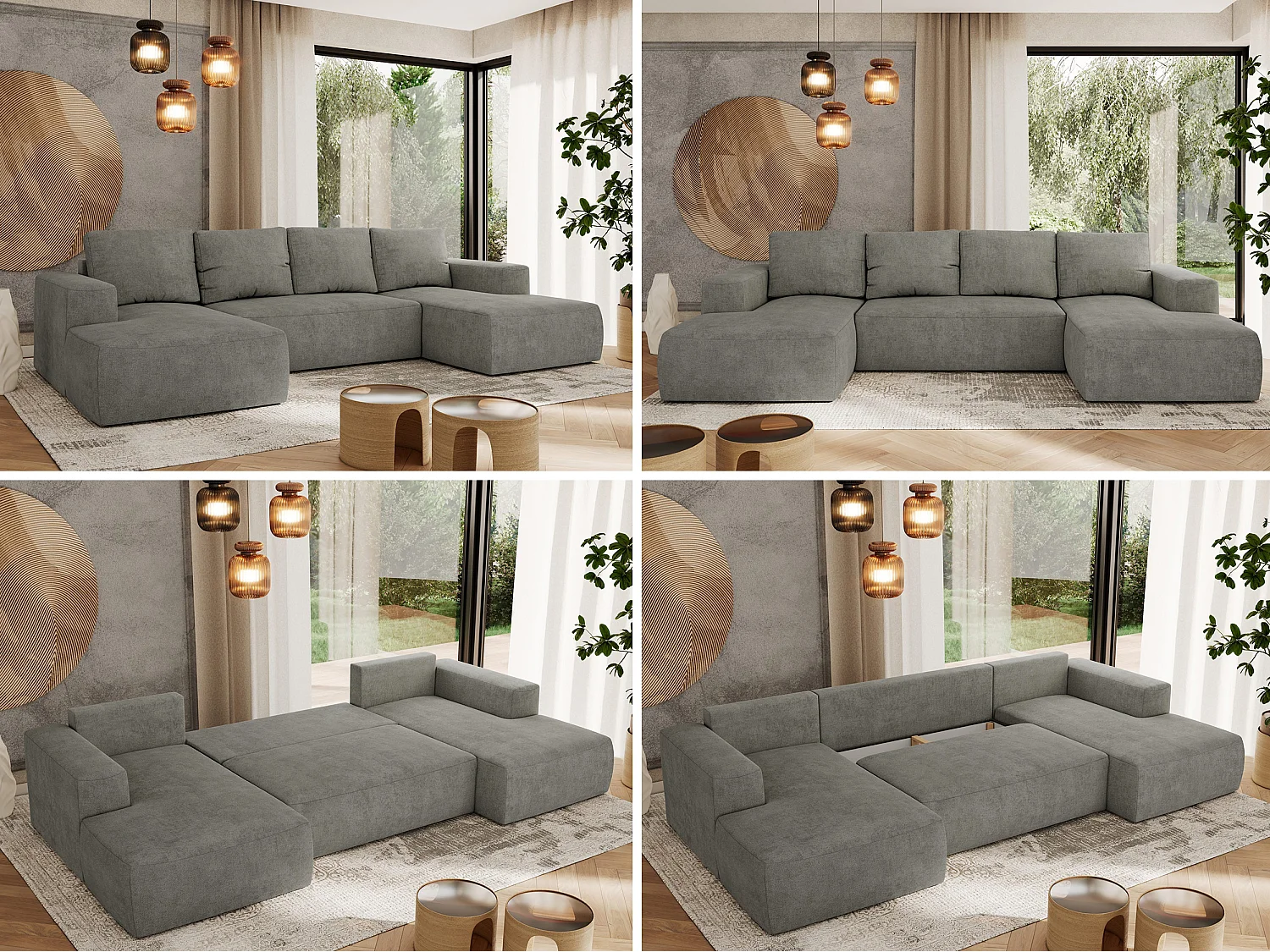 Ecksofa TRENTINO U - mit Schlaffunktion und Bettkasten, U-förmiges Wohnlandschaft, Armlehnen - Grau Strukture