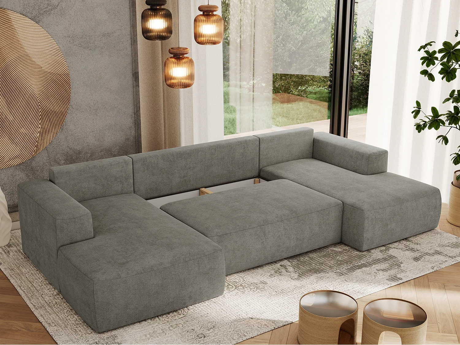 Ecksofa TRENTINO U - mit Schlaffunktion und Bettkasten, U-förmiges Wohnlandschaft, Armlehnen - Grau Strukture