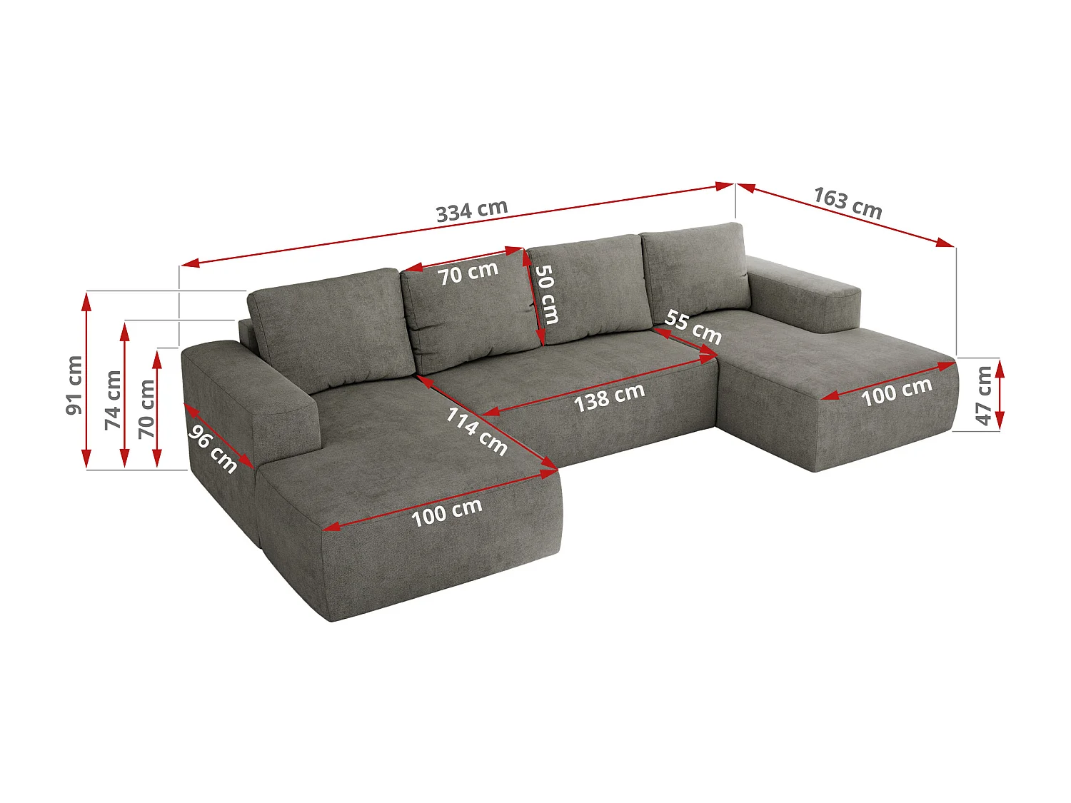Ecksofa TRENTINO U - mit Schlaffunktion und Bettkasten, U-förmiges Wohnlandschaft, Armlehnen - Grau Strukture