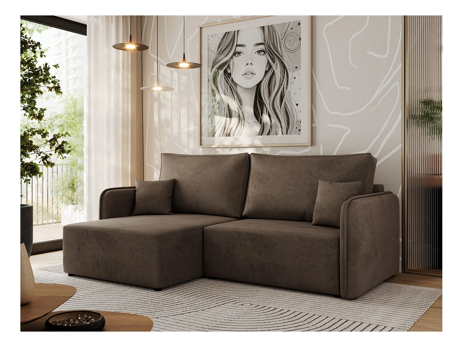 Ecksofa MESTO - Schlaffunktion und Bettkasten, L-form Couch für das Wohnzimmer, Armlehnen - Braun Velvet - Ecke Links